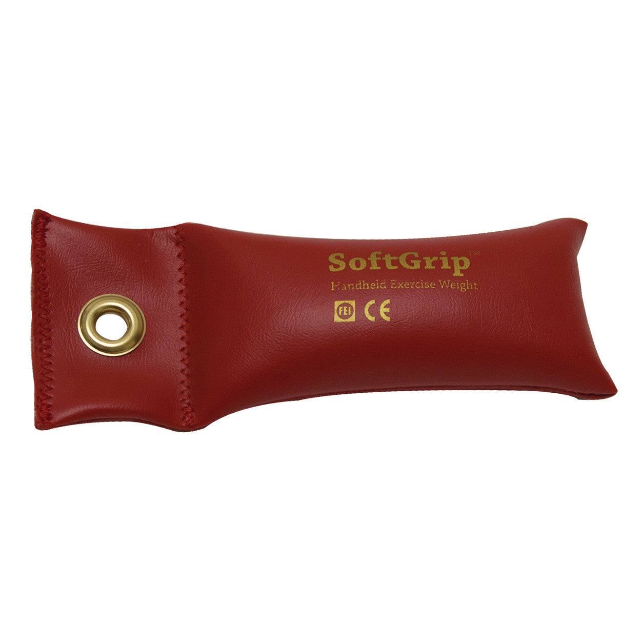 Red CanDo SoftGrip Weight with a gold-colored grommet, stitched edges, and "SoftGrip" branding in gold text.