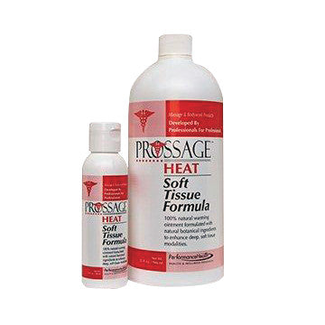 Two bottles of Prossage Heat Warming Ointment, labeled "Soft Tissue Formula" for massage and soft tissue health.