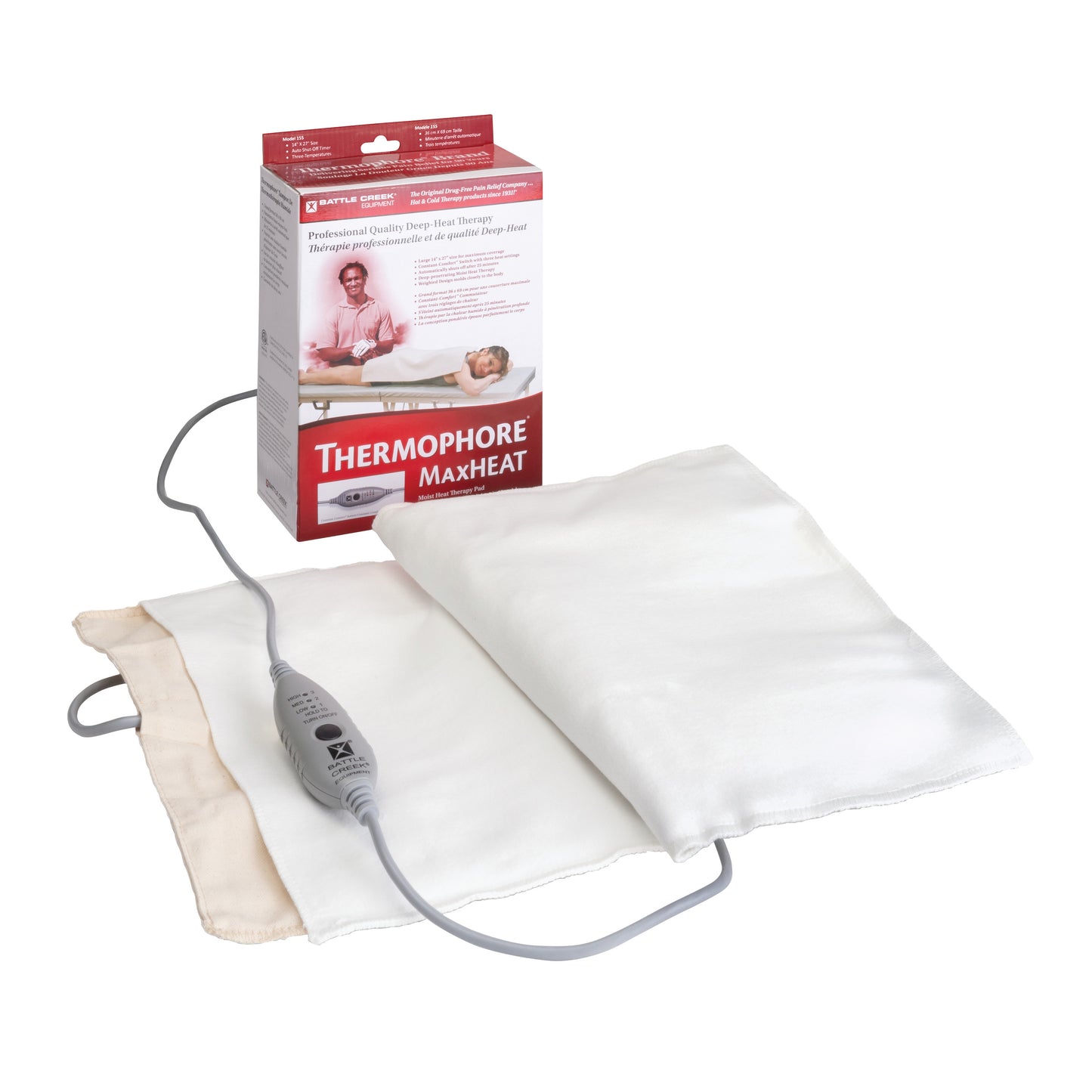 Thermophore MaxHEAT Moist Heat Pack with a control switch is shown beside its box with product details.