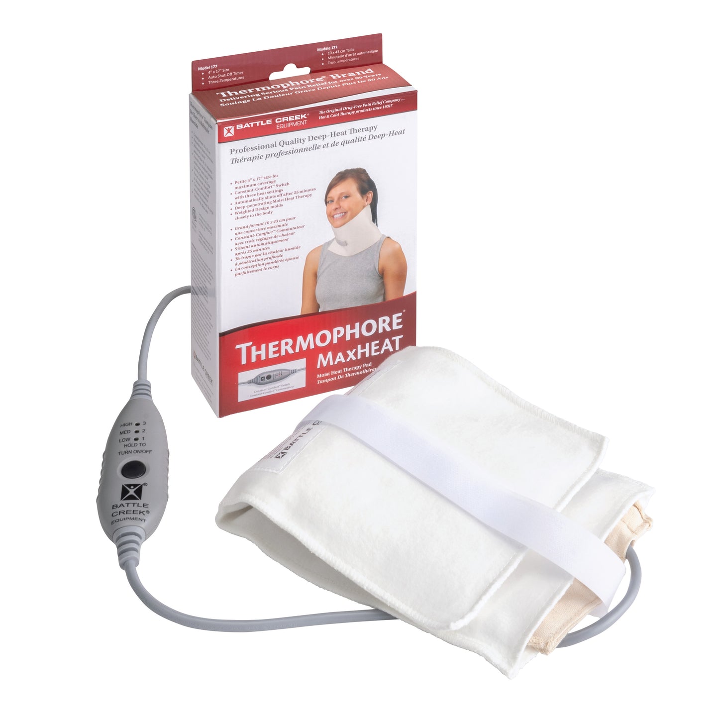 Thermophore MaxHEAT Moist Heat Pack with packaging. The white heat pack has a control switch and is next to its red box.