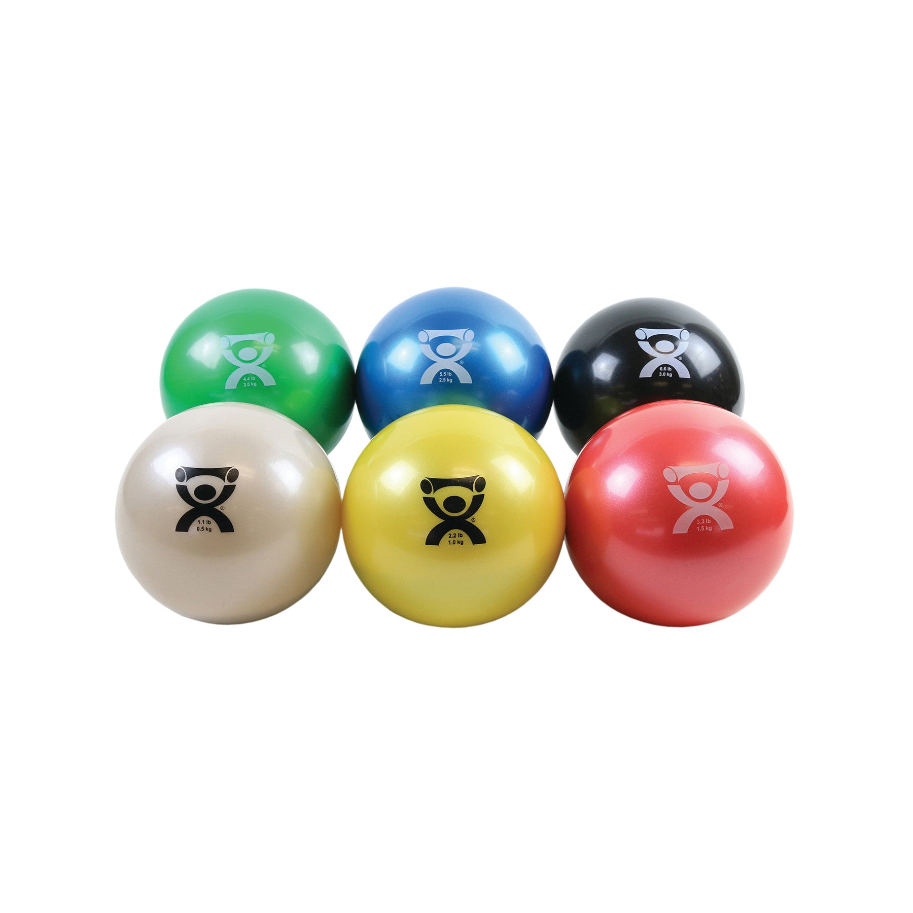 A set of six colorful CanDo Hand WaTE Balls, each with a logo and different weight, arranged in a group.