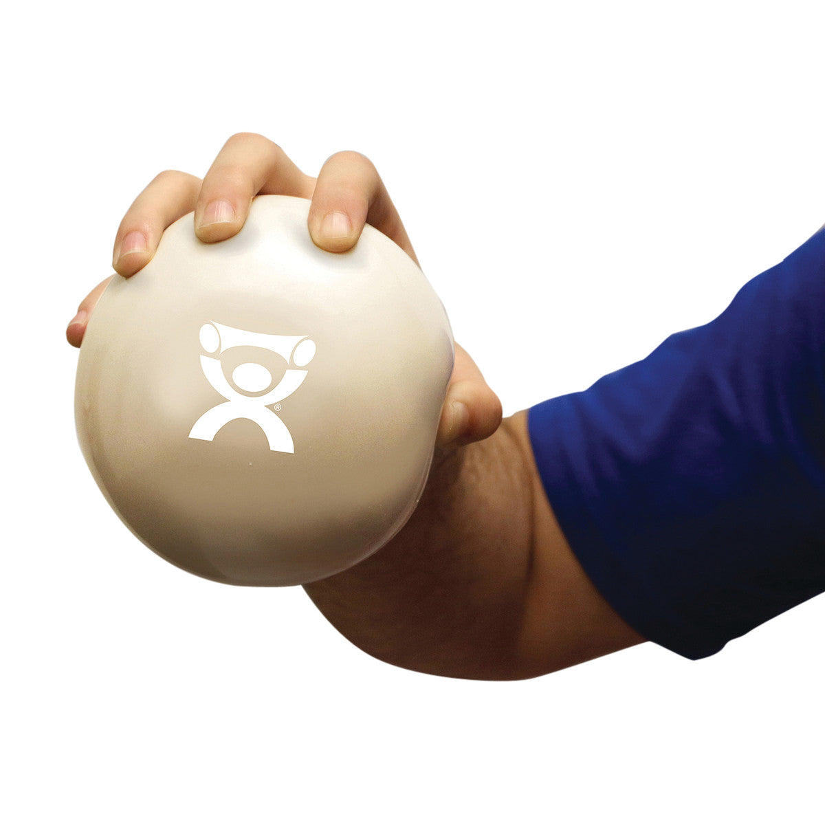 A hand holds a beige ball from the CanDo Hand WaTE Ball Set, featuring a logo with a stylized person lifting weights.