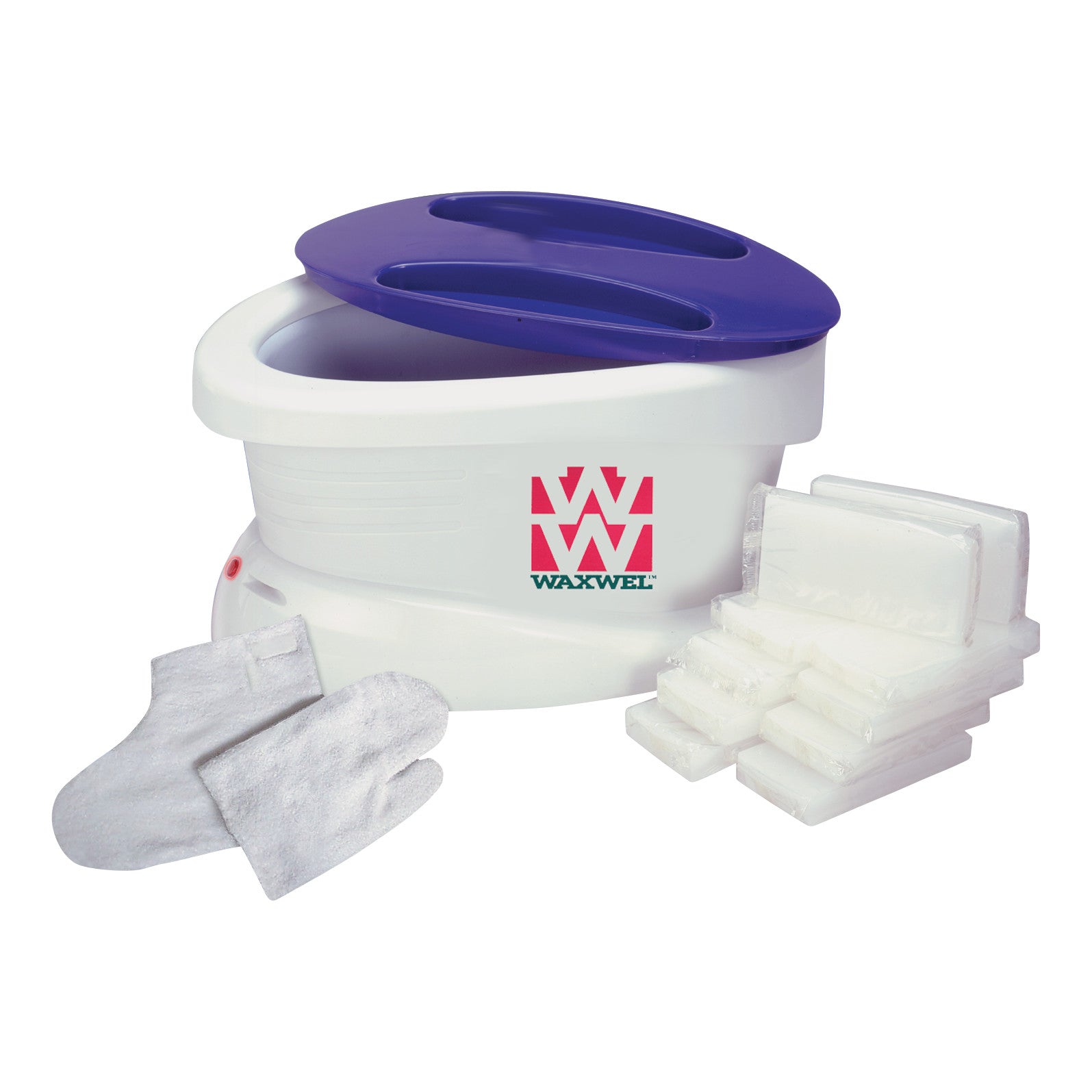WaxWel Paraffin Bath with a blue lid, white mitts, and stacked paraffin wax blocks, shown against a plain background.