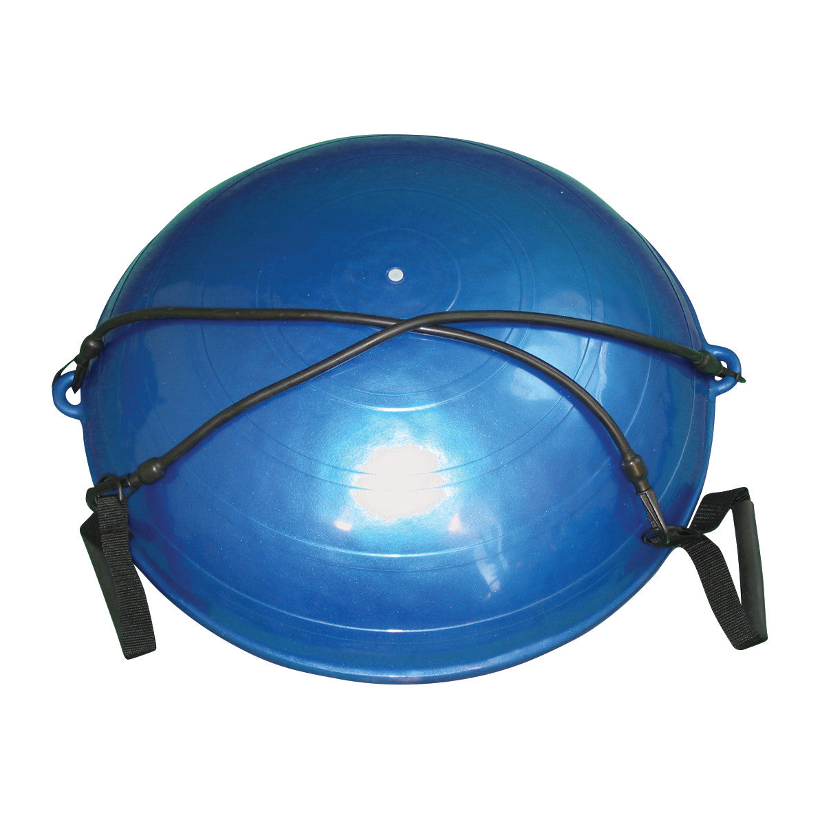 Blue CanDo Core-Training Dome with two black attached resistance bands and handles.
