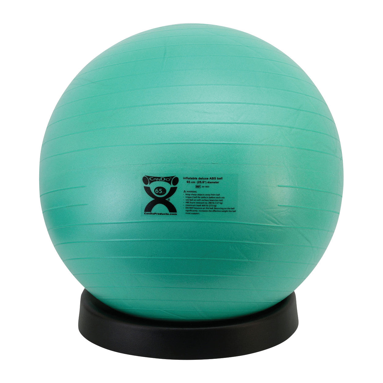 A teal exercise ball on a black Inflatable Exercise Ball Stabilizer Base, with product details visible on the ball.