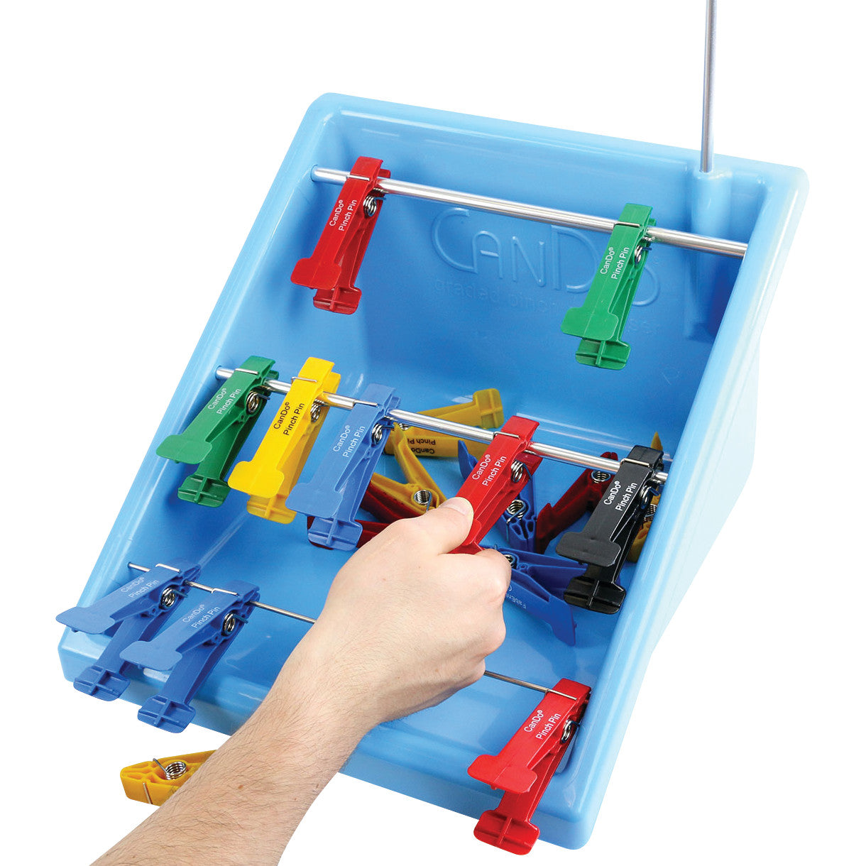 A hand uses a "Finger Pinch Exerciser Set" with colored clips on rods in a blue container, labeled "CanDo."