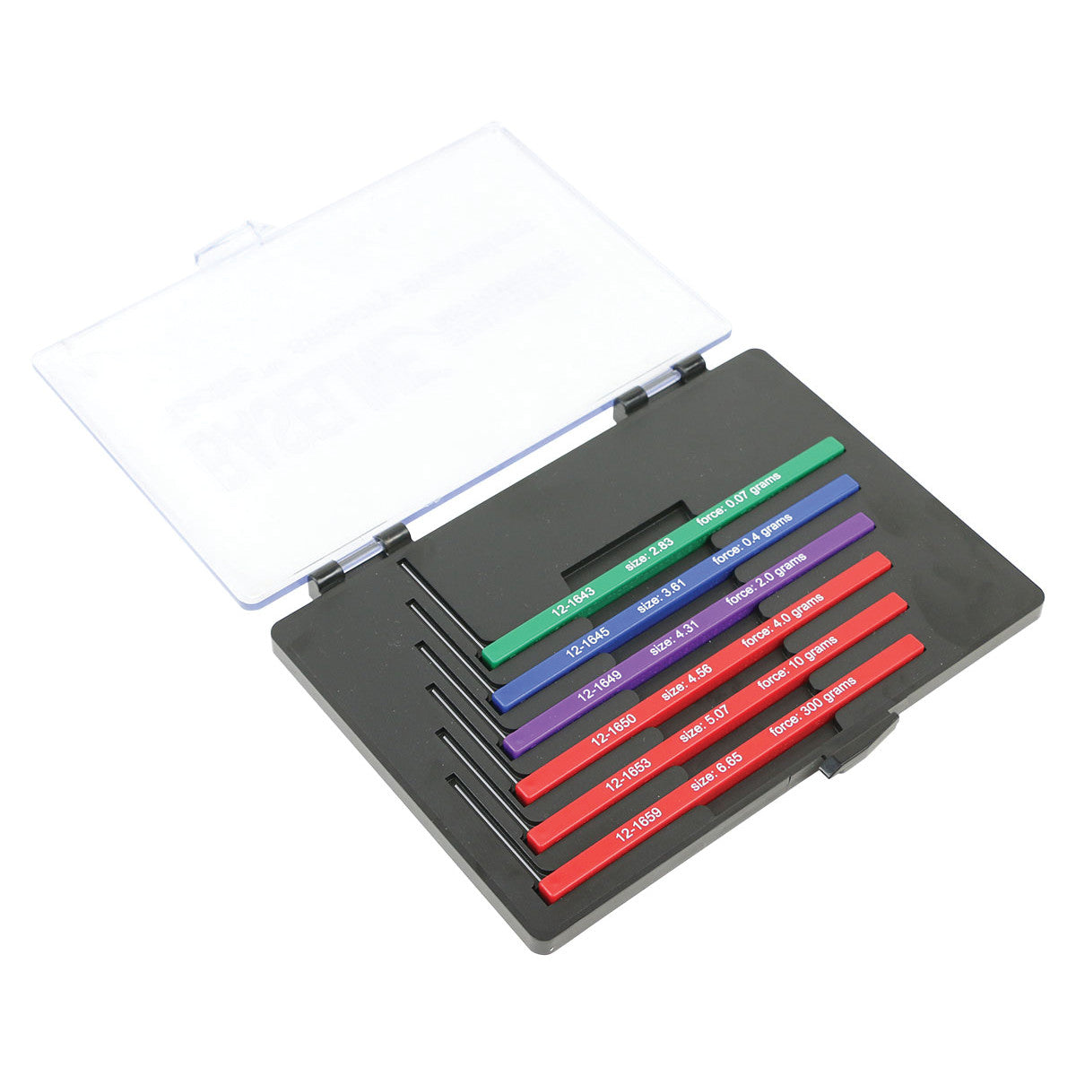 Baseline Foot Monofilament Set in an open black case with a transparent lid, containing color-coded monofilaments.