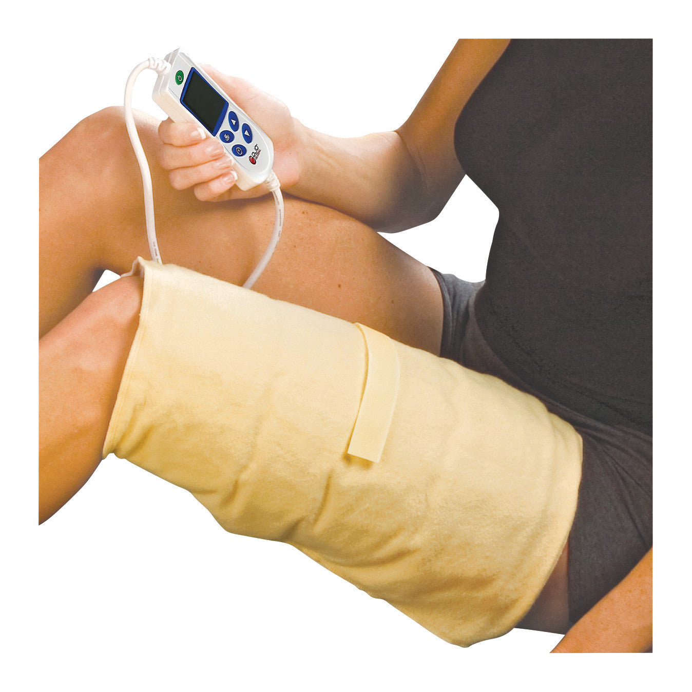 A person applies a Theratherm Automatic Moist Heat Pack to their thigh, holding a remote control to operate the device.