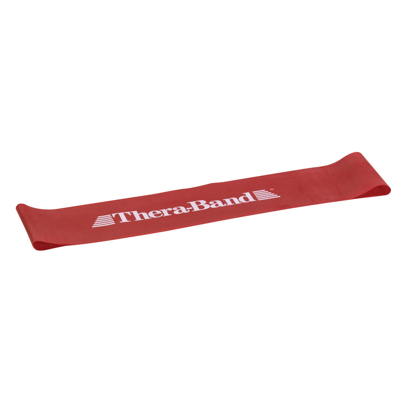 Red THERABAND Resistance Band Loop with white logo, designed for strength and flexibility exercises.