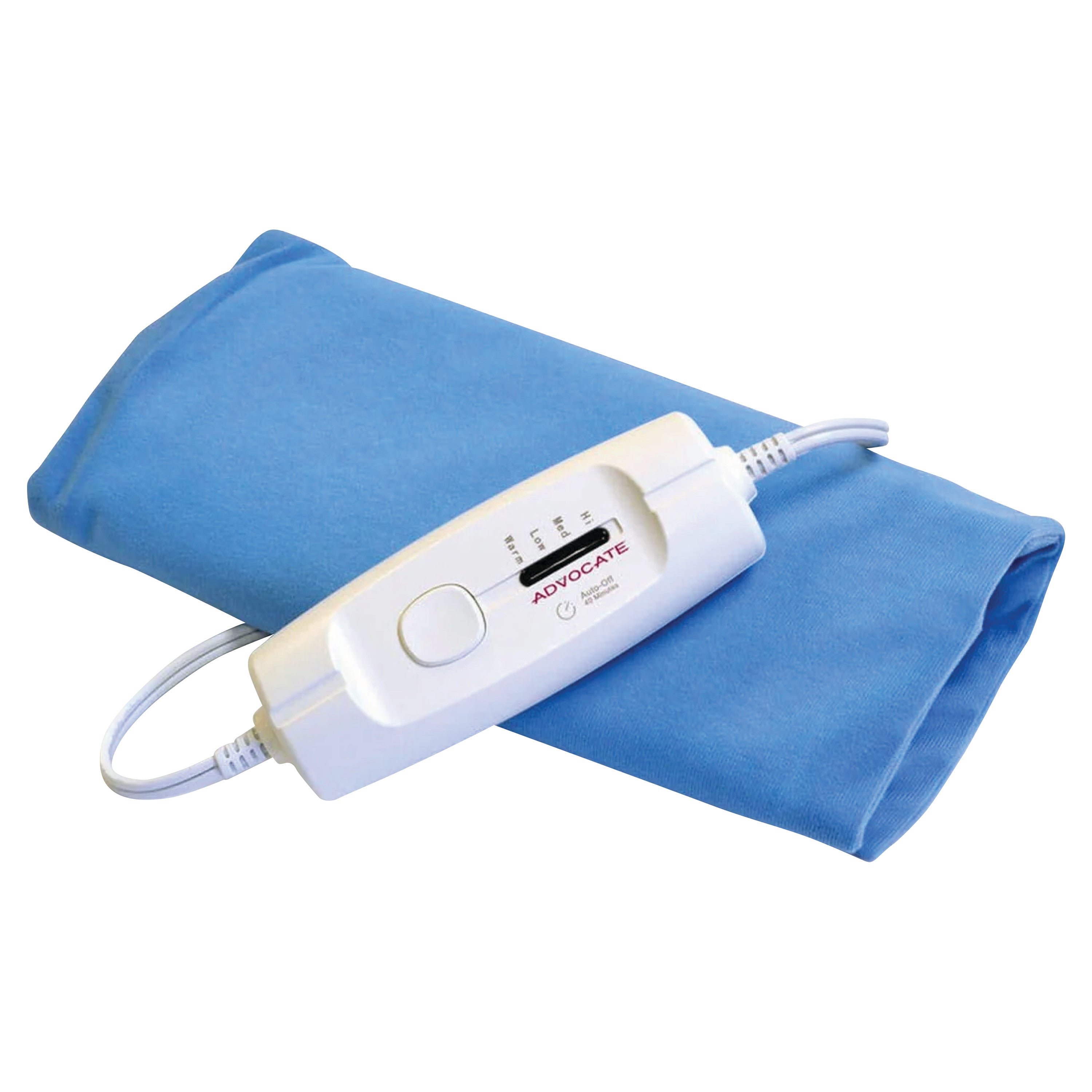 A blue Advocate Moist/Dry Heating Pad with a white control unit featuring adjustable settings is displayed in the image.