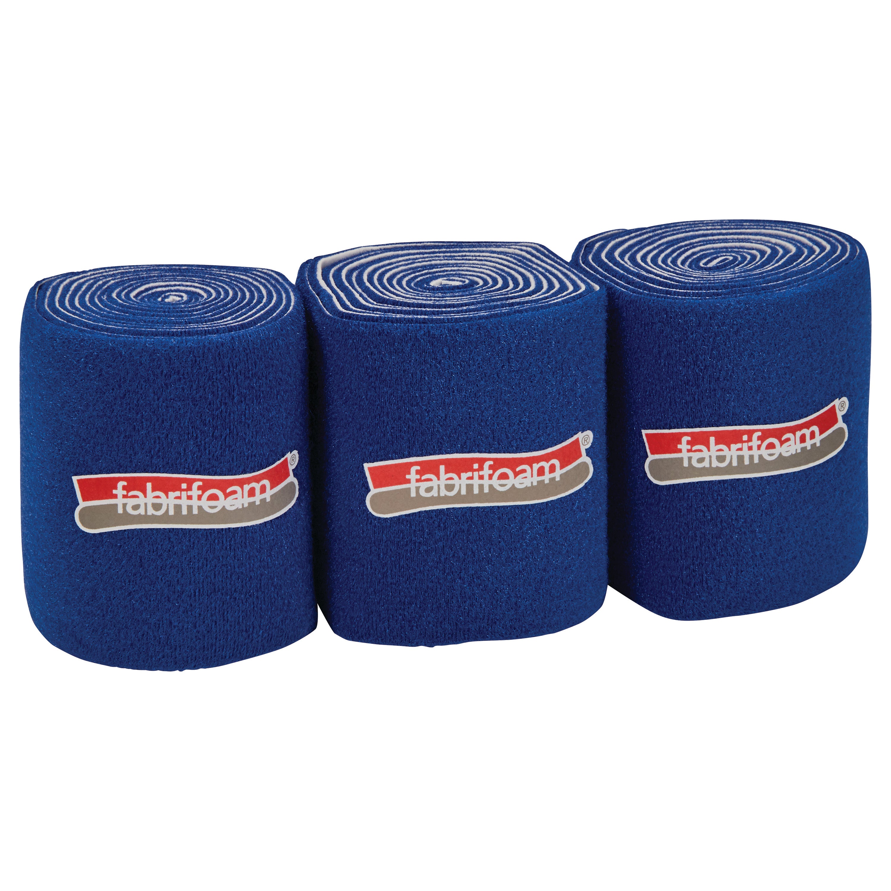 Three rolls of blue FabriFoam NuStim Wrap with red labels are lined up in a row.