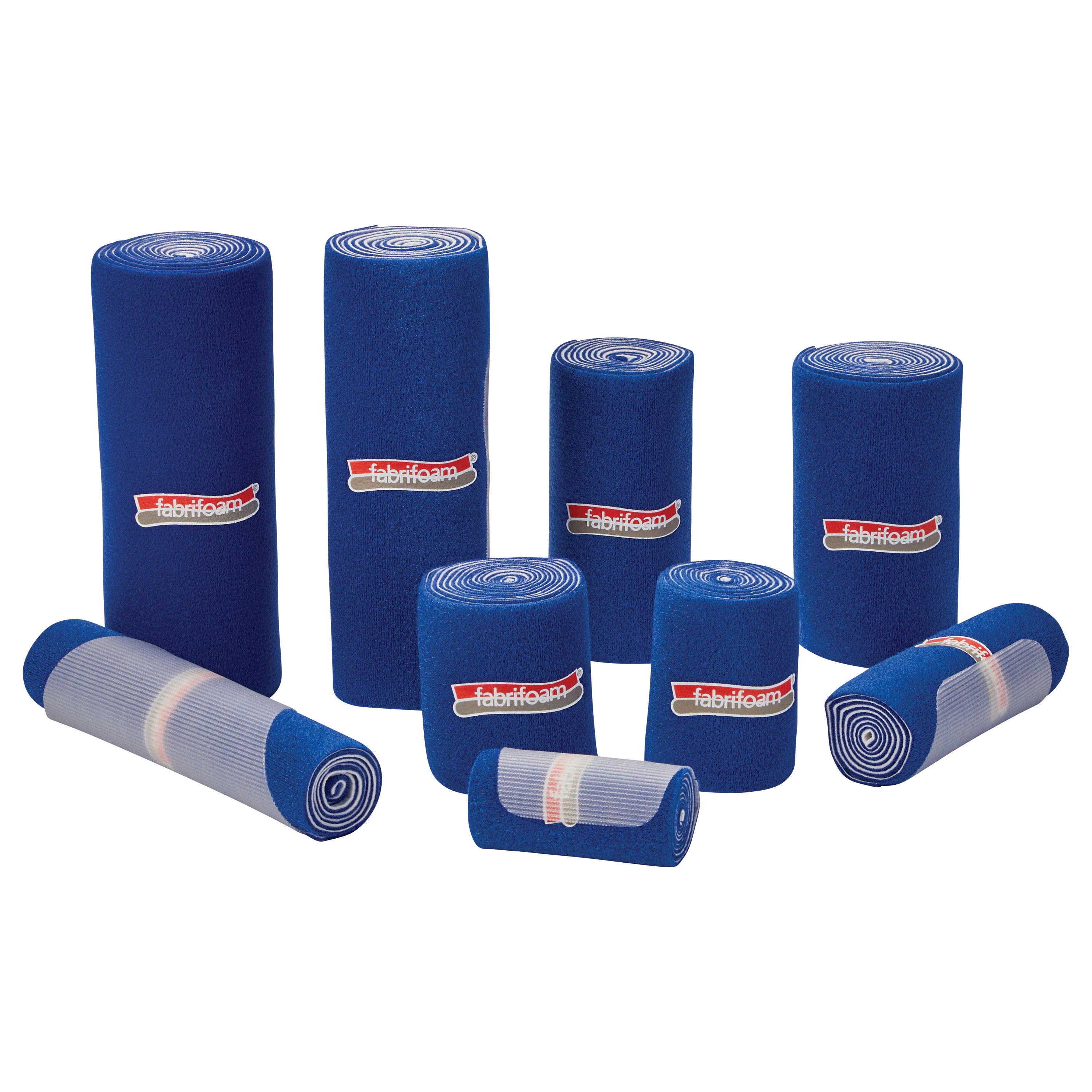 A multi-pack of blue FabriFoam NuStim Wraps in various sizes, each rolled up and labeled with the FabriFoam logo.