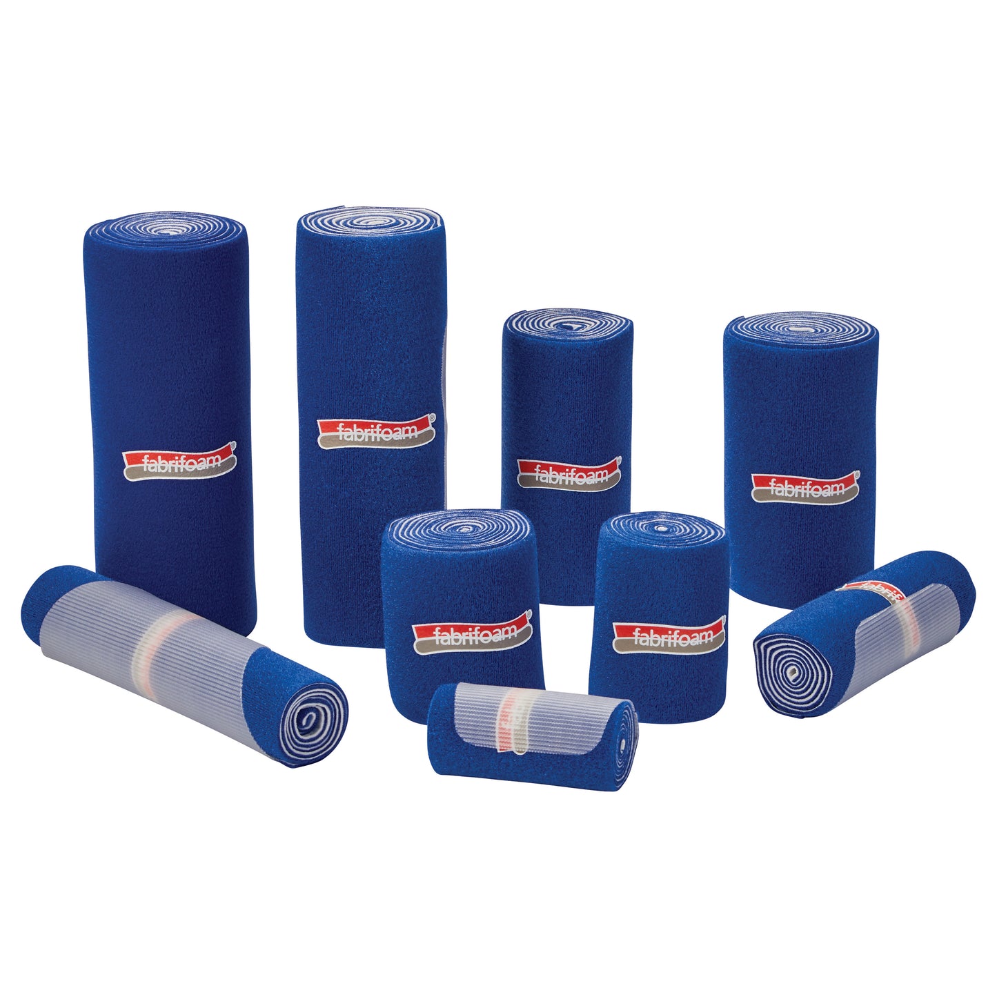 A multi-pack of blue FabriFoam NuStim Wraps in various sizes, each rolled up and labeled with the FabriFoam logo.