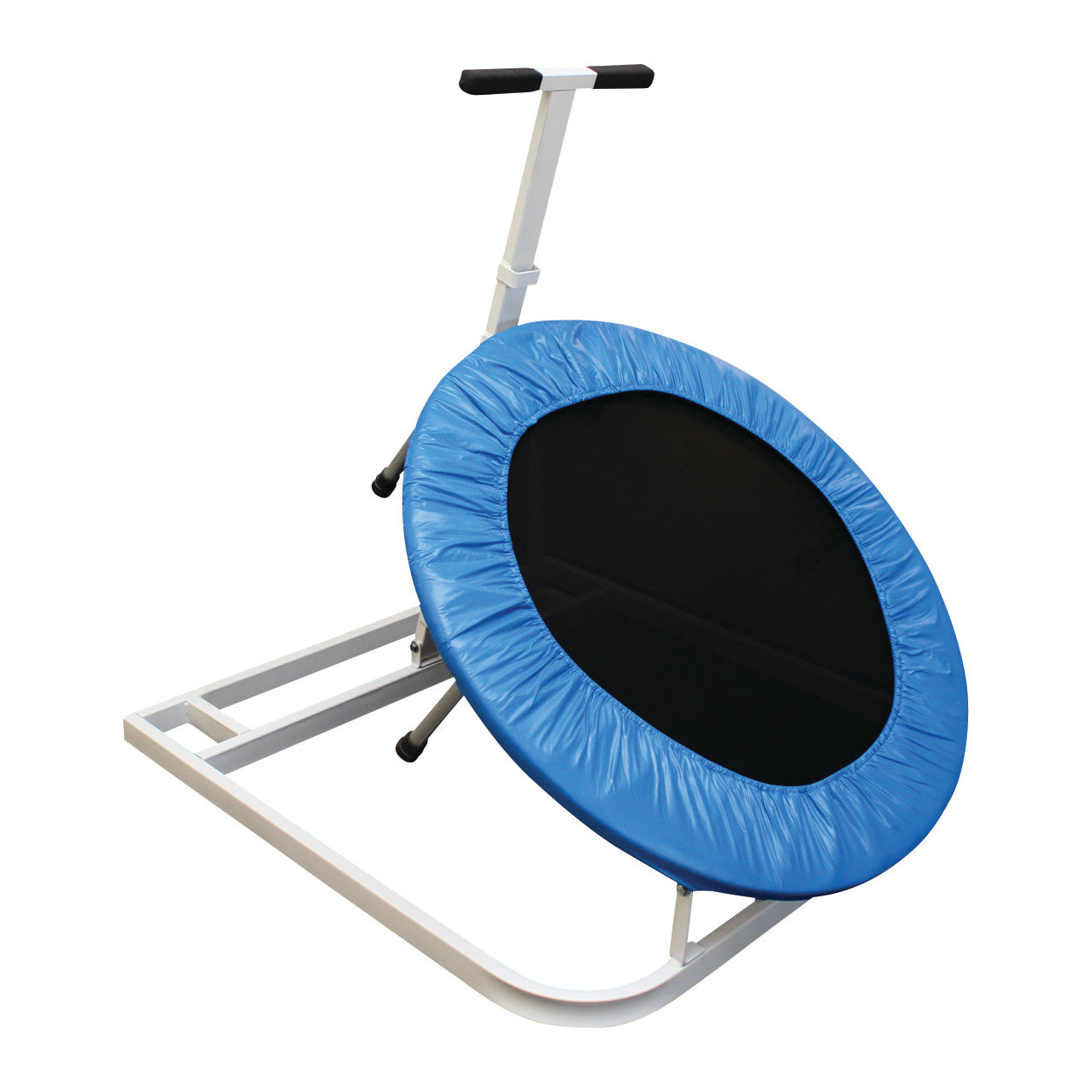 The Deluxe Round Rebounder features a black jumping surface with a blue padded edge and a white adjustable handlebar.