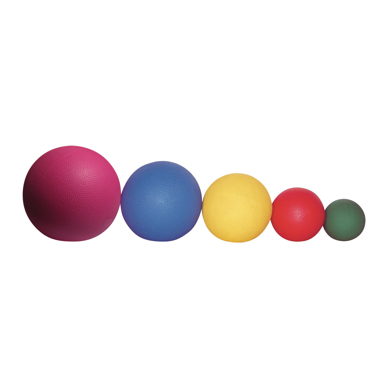 A set of colorful balls in descending sizes; pink, blue, yellow, red, and green. Product: Rebounder Medicine Ball Set.
