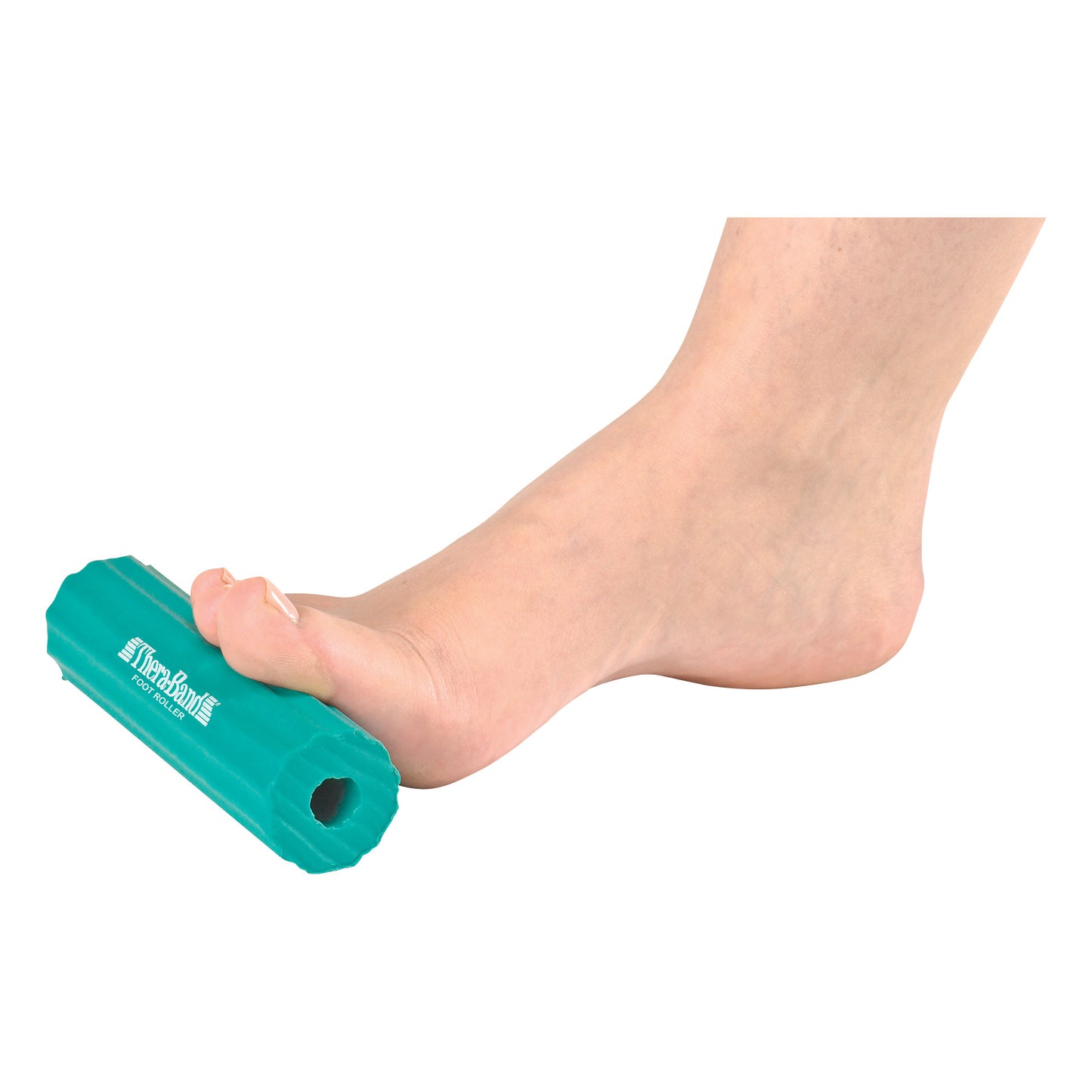 A foot presses on a THERABAND Foot Roller, a textured green cylindrical tool for massage and relief.