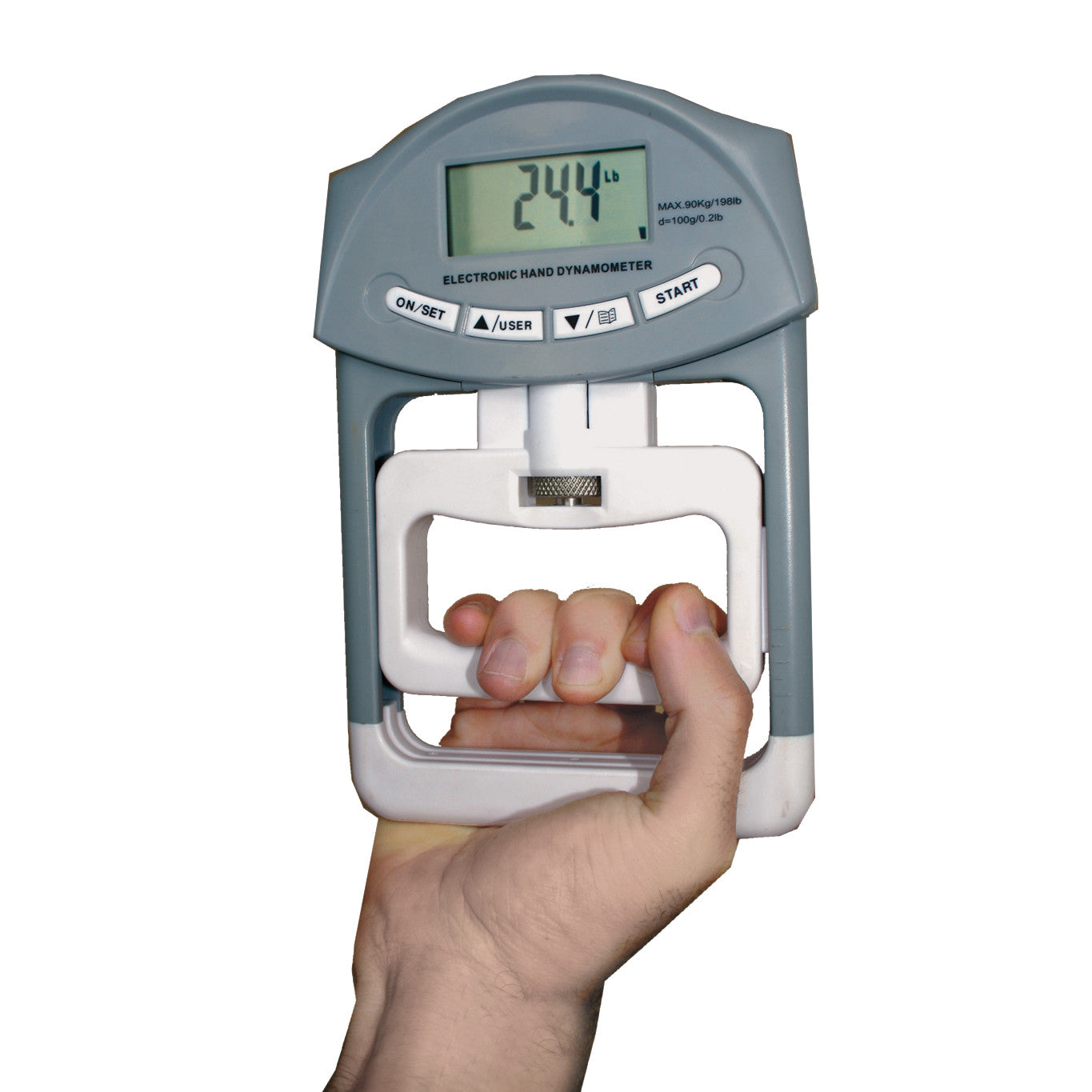 A hand grips the Baseline Digital Smedley Dynamometer, showing a reading of 244 lb on its digital display.