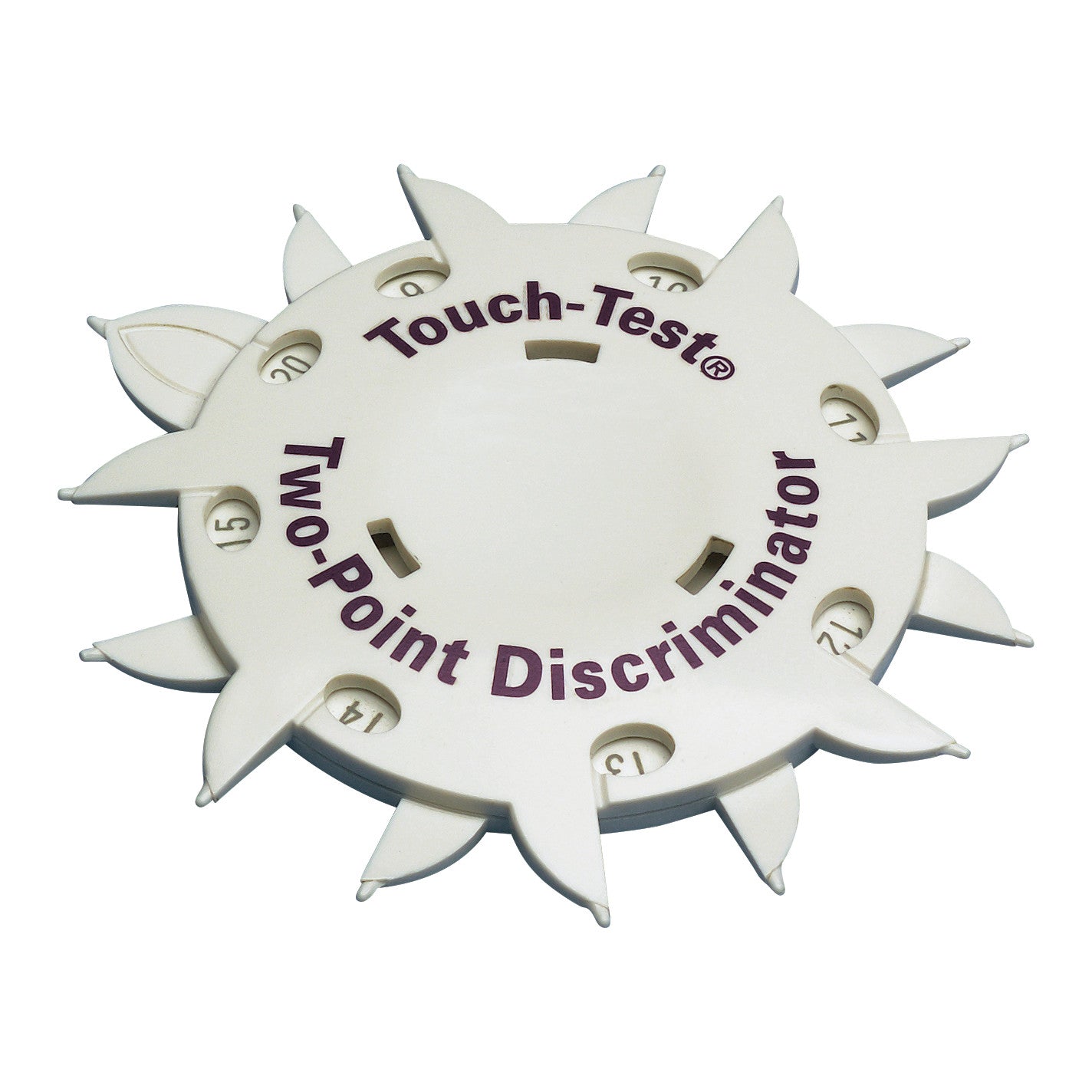 The Touch-Test Two-Point Discriminator is a wheel-shaped medical tool with numbered spikes for sensory evaluation.