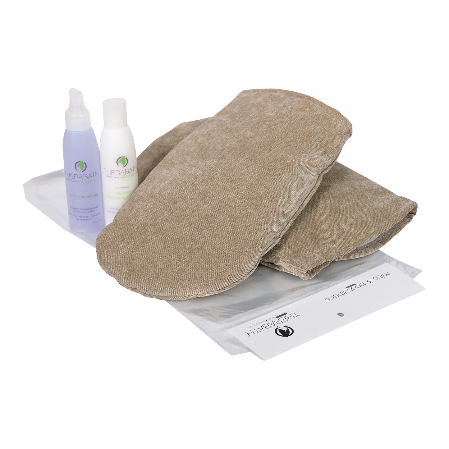Therabath ComforKit includes beige mitts, a clear liner, a relaxing spray bottle, and a nourishing lotion bottle.