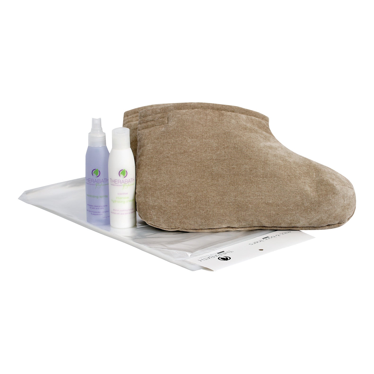Therabath ComforKit includes a tan foot mitt, two bottles labeled Therabath, and a white protective liner.