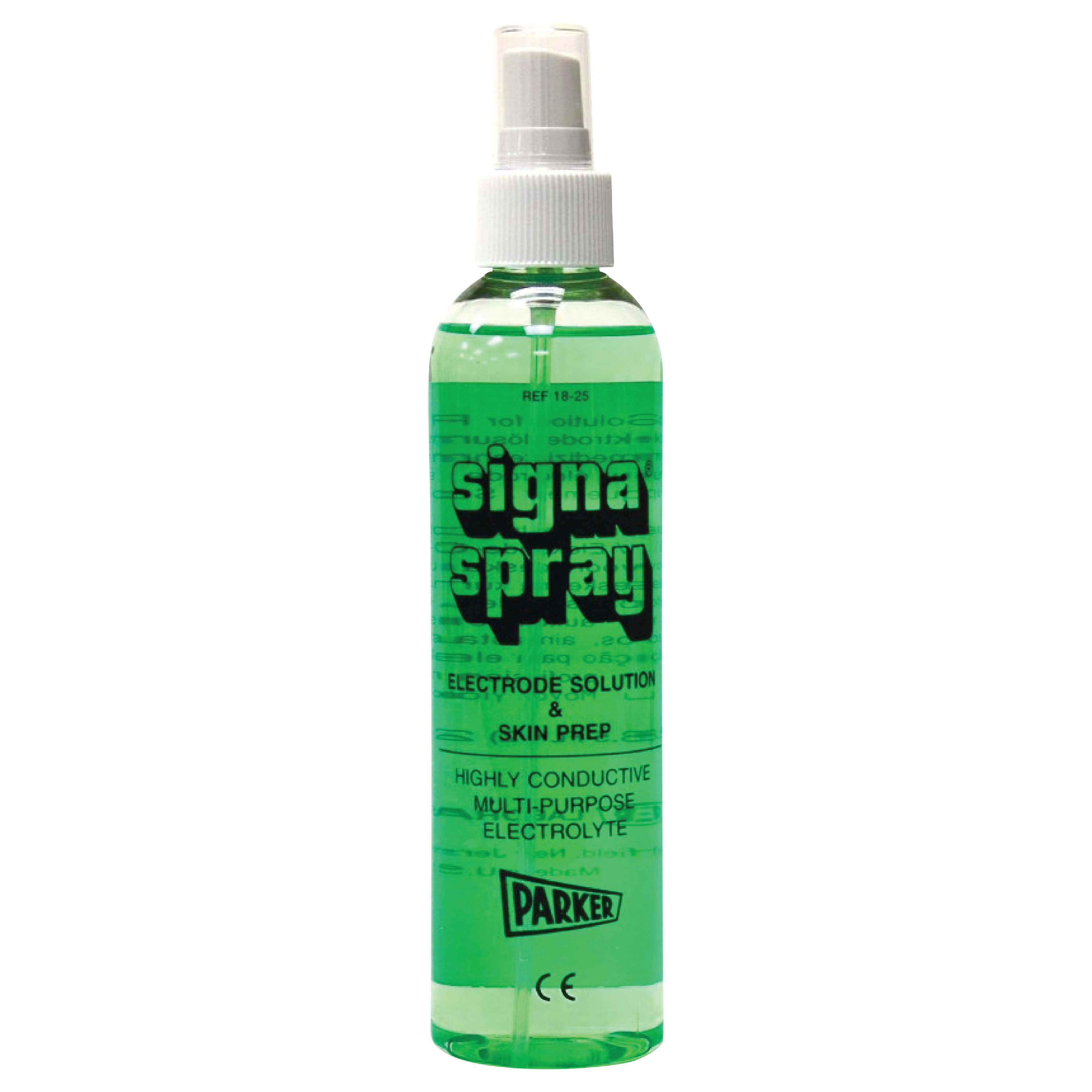 A green bottle of Parker Signa Spray Conductive Electrolyte Solution, labeled as a multi-purpose electrode and skin prep solution.