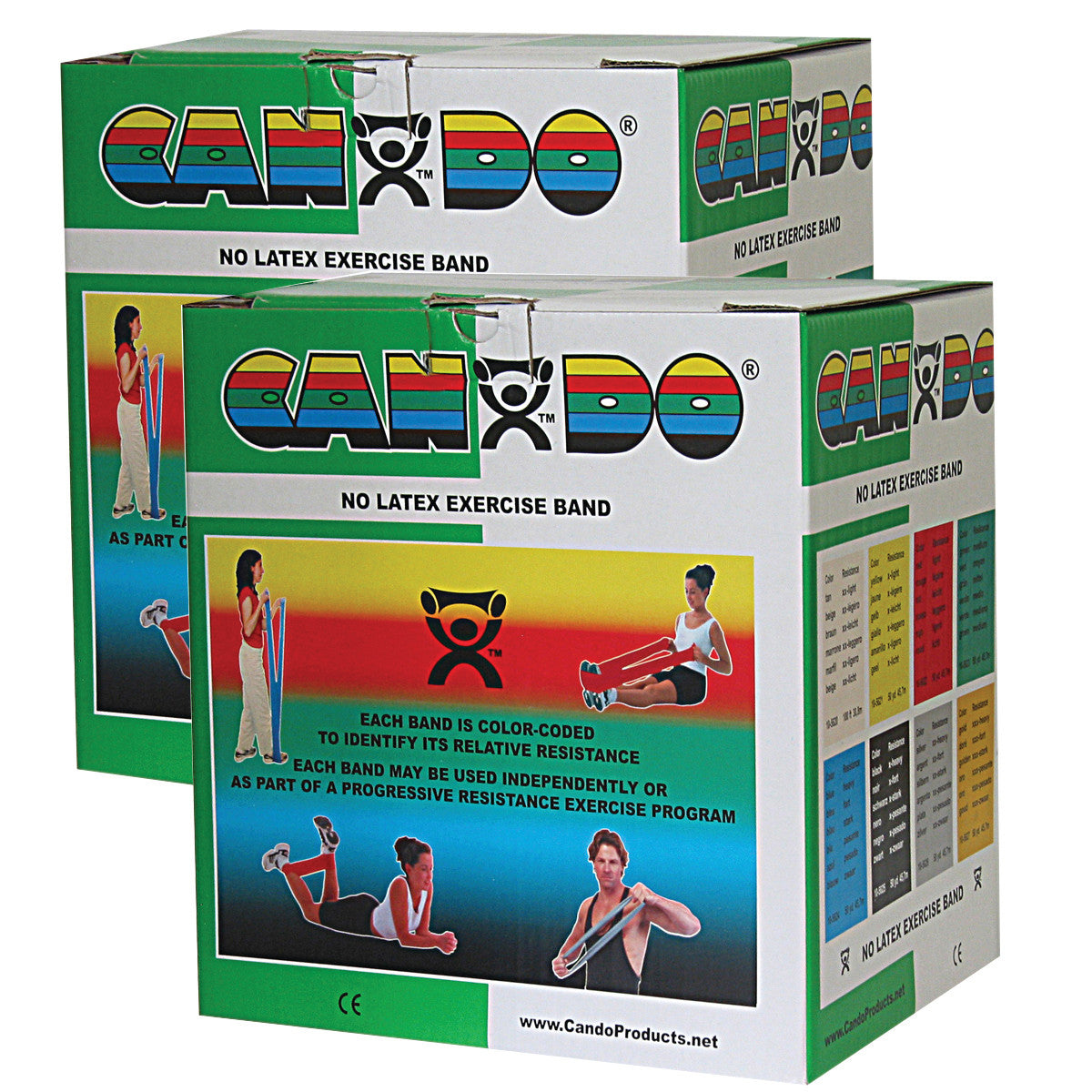 Boxes of CanDo Non-Latex Exercise Bands with images demonstrating use. The packaging highlights color-coded resistance levels.