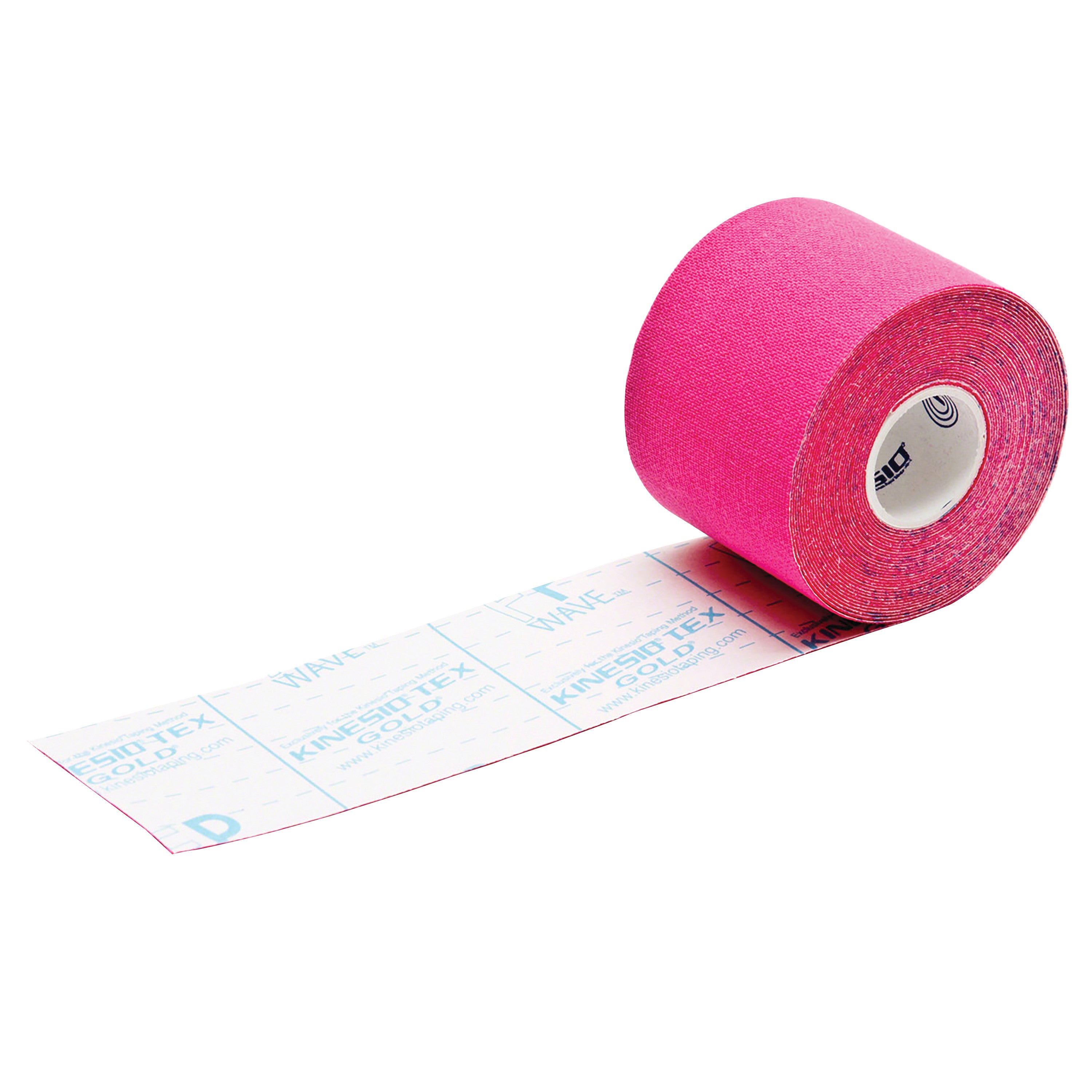 A roll of pink Kinesio Tex Gold FP Tape is partially unrolled, showing its white backing with blue text.
