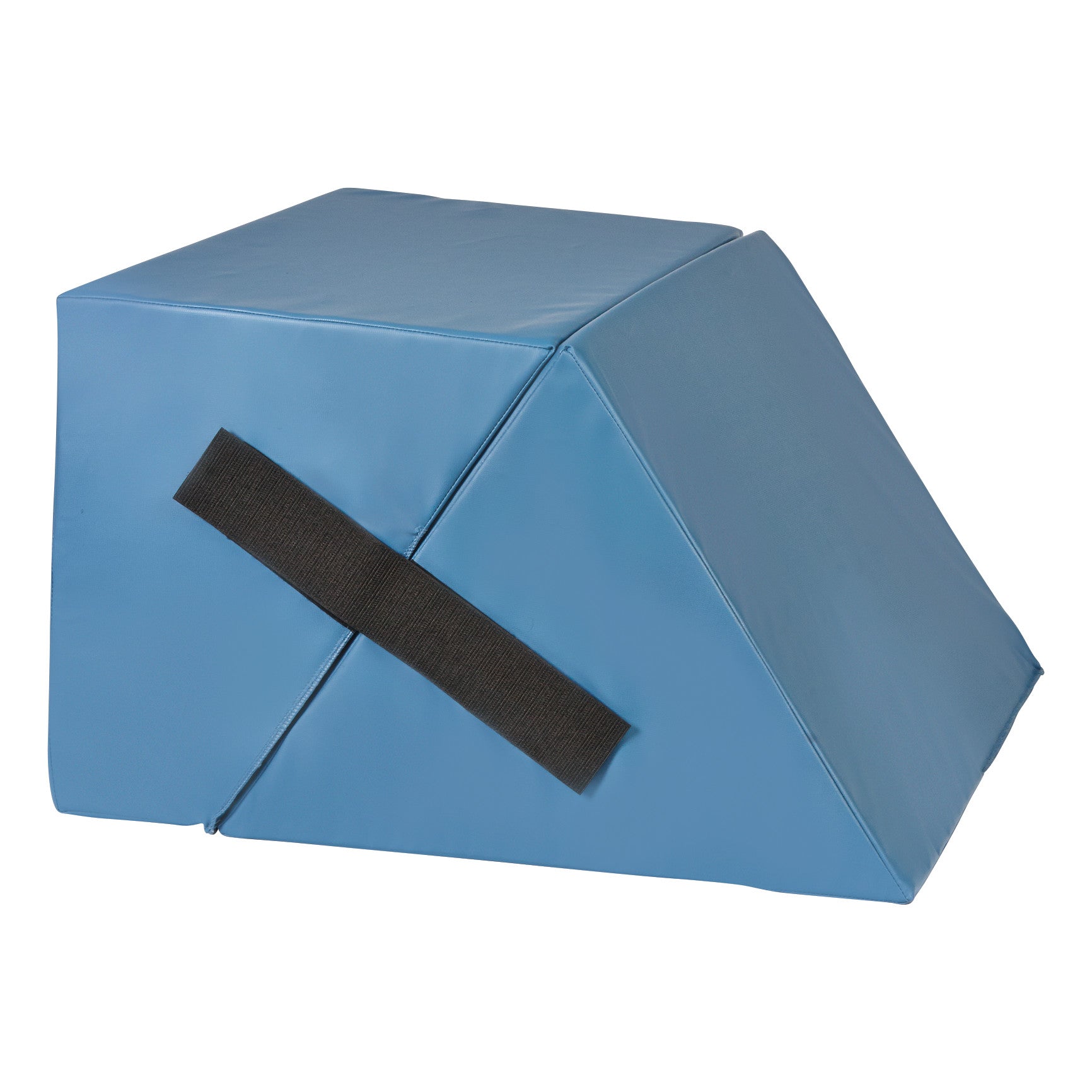 A blue AliMed Knee Bolster and Extension Set with a triangular design and a black strap is shown against a white background.