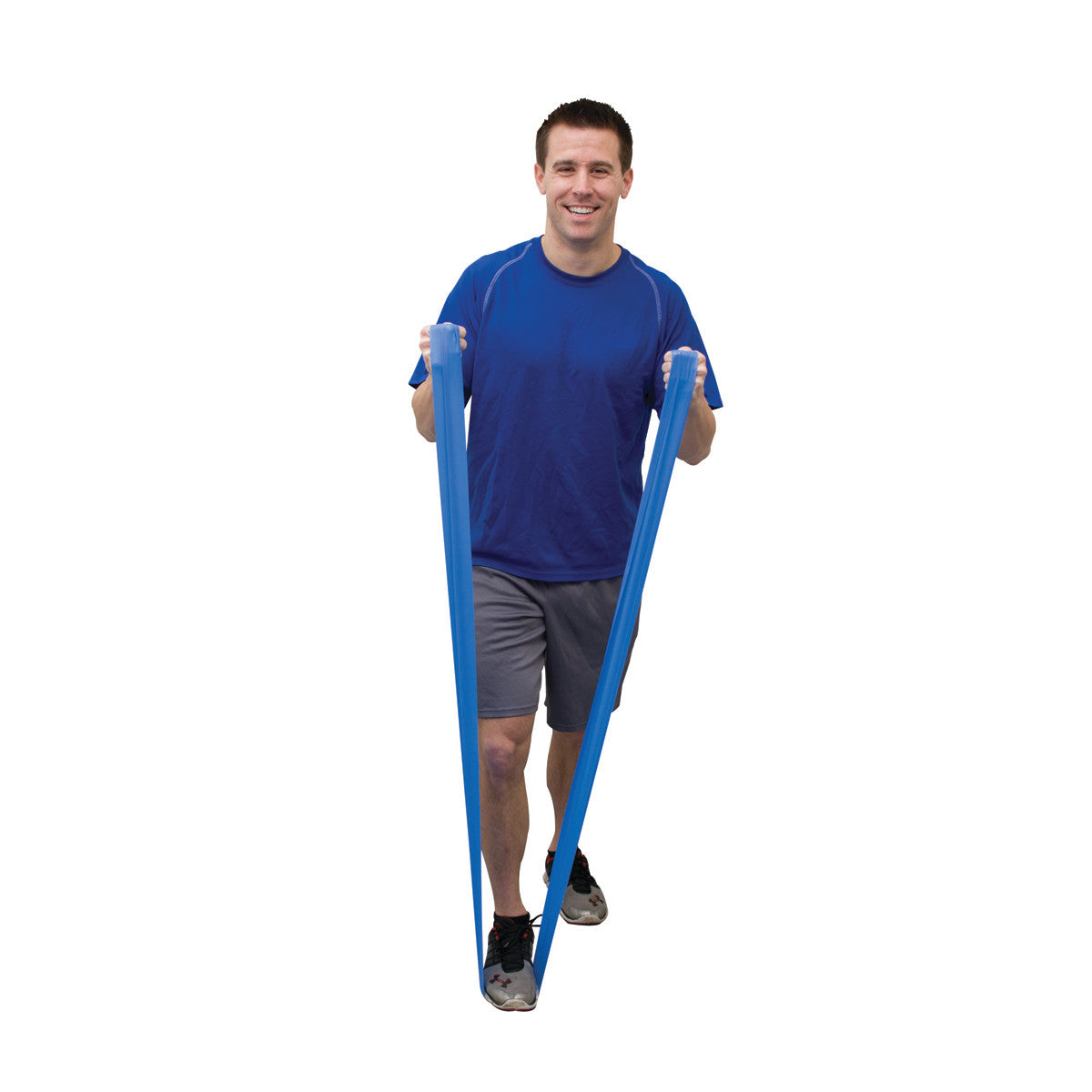 Man using CanDo Val-U-Band Non-Latex Exercise Band, pulling it upward with both hands. He wears a blue shirt and gray shorts.