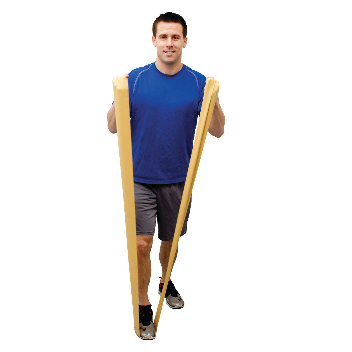A man exercises with the CanDo Val-U-Band Latex Exercise Band. He's wearing a blue shirt and gray shorts, holding two bands.