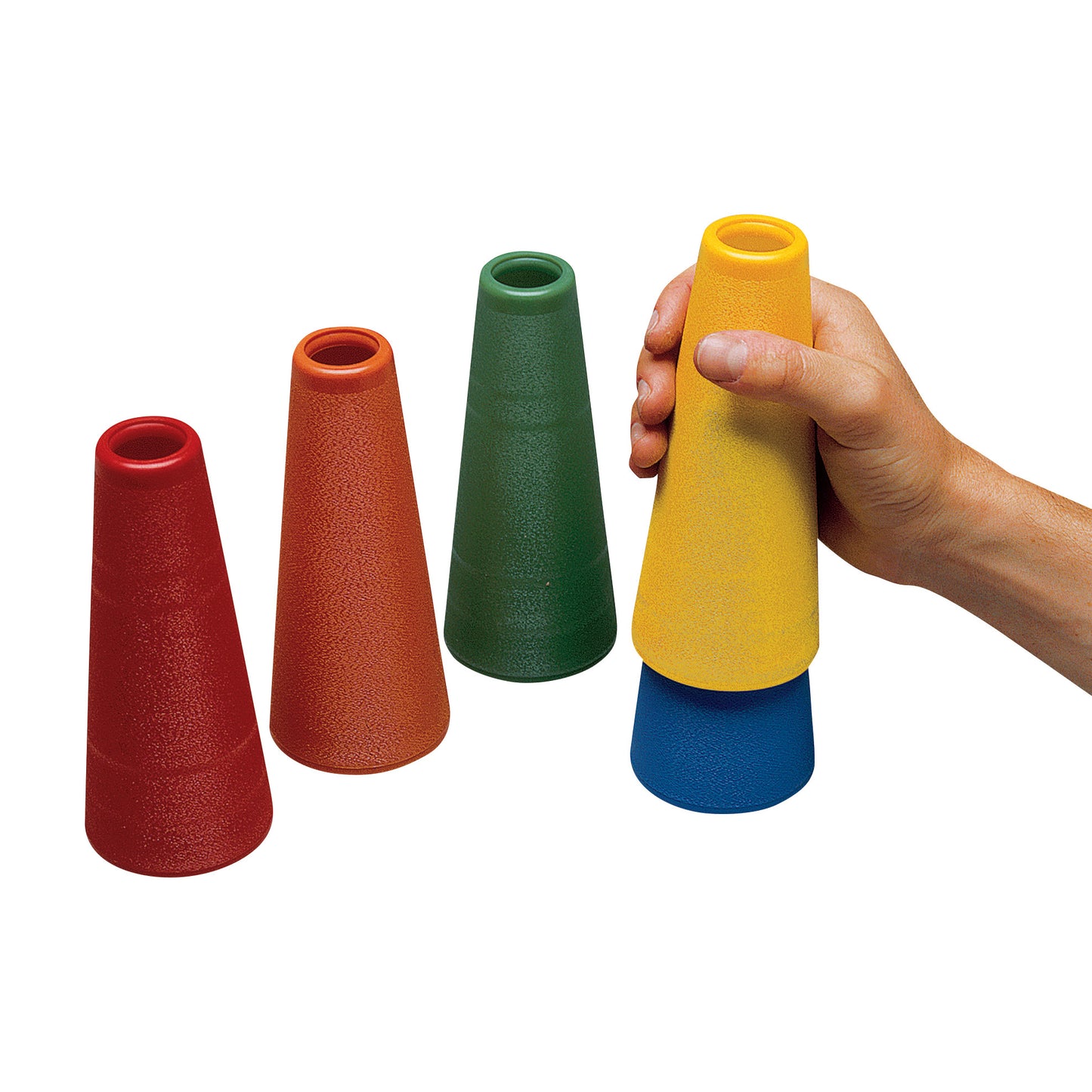 Four colorful Stacking Cone toys with a hand holding a yellow cone stacked on a blue one. Other cones are red and green.