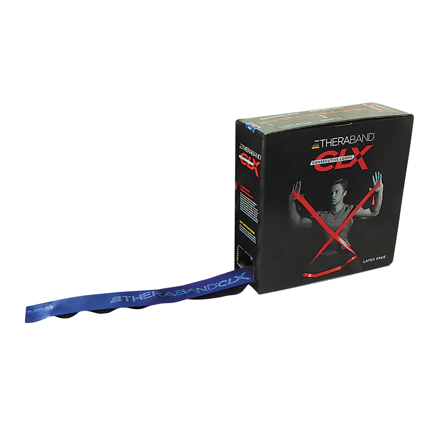 Packaging of THERABAND CLX Resistance Band with blue band partially extended, showing a person exercising on the box.