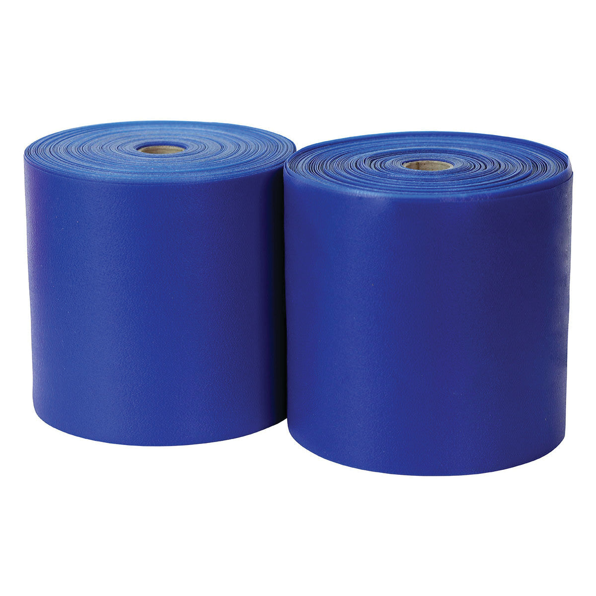 Two rolls of CanDo Sup-R Band Non-Latex Exercise Band in blue, shown side by side, with a smooth surface and central core holes.