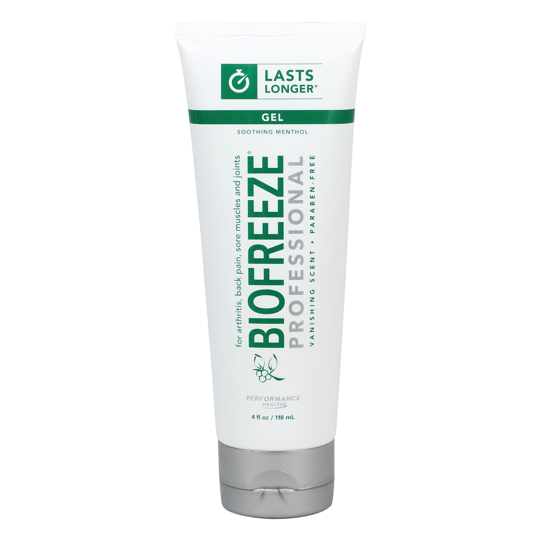 Tube of BIOFREEZE Professional Pain Relief Gel with "Lasts Longer" label, designed for arthritis and sore muscles, 4 fl oz size.