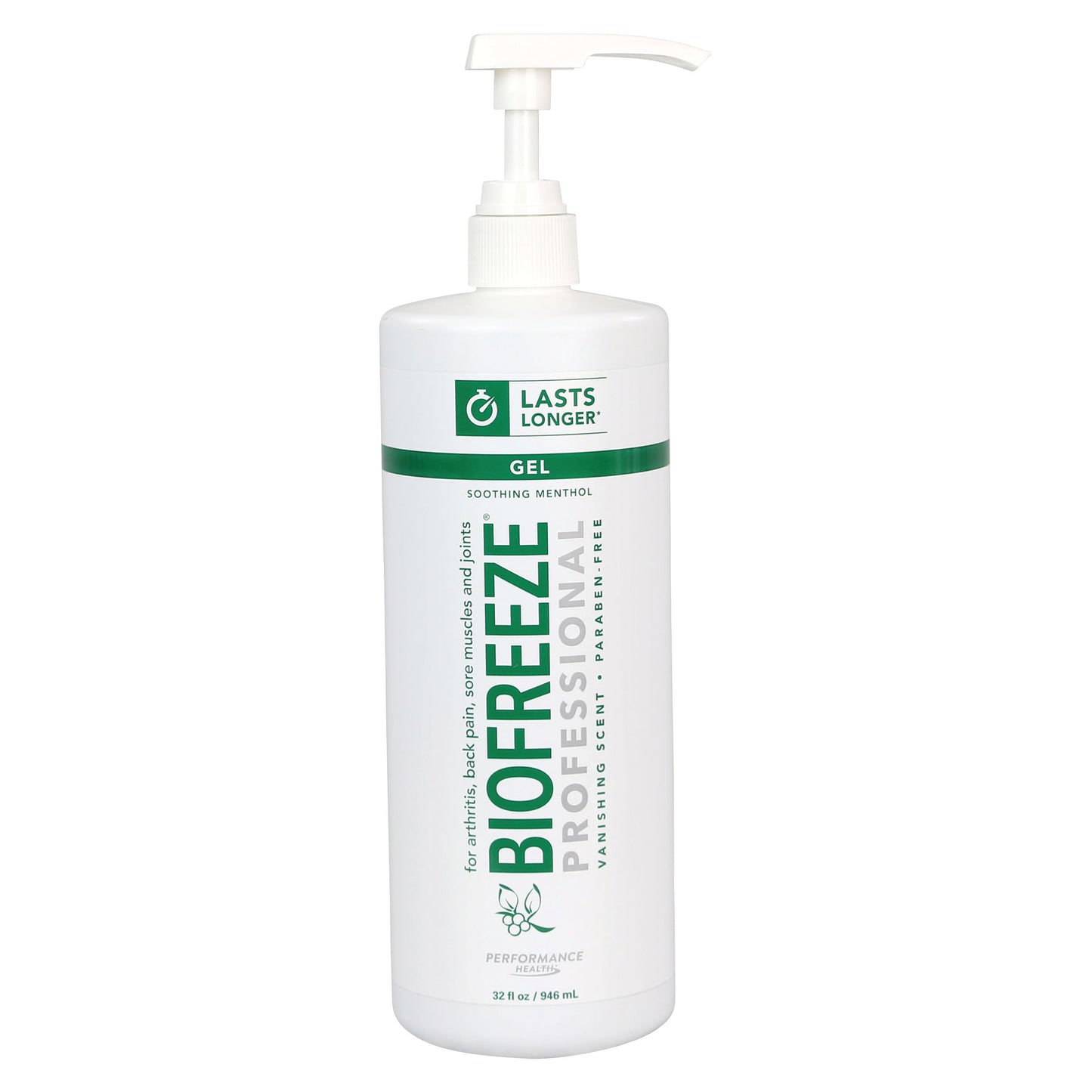 A bottle of BIOFREEZE Professional Pain Relief Gel with a pump top. It contains 32 oz (946 mL) and features "soothing menthol."