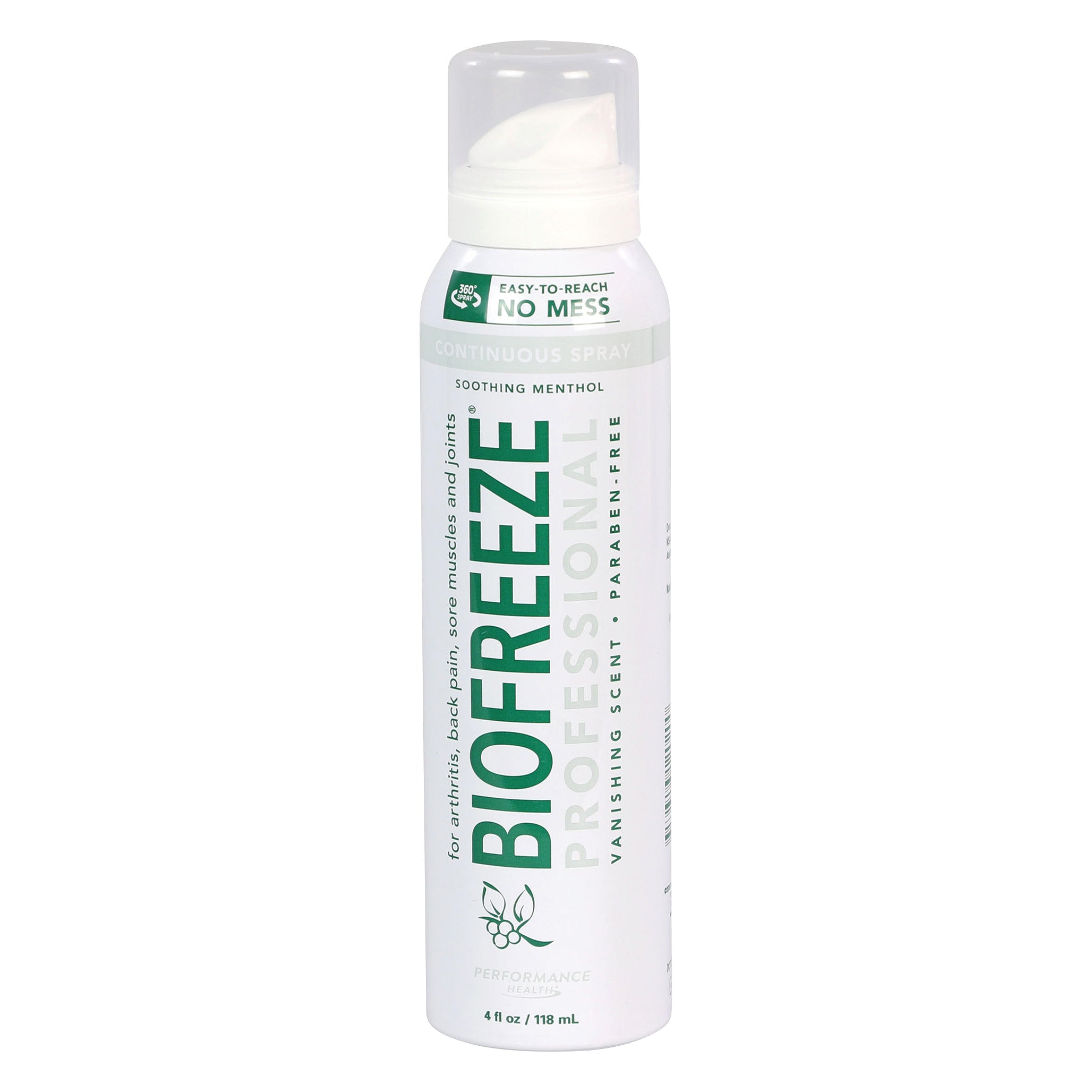 BIOFREEZE Professional Pain Relief Spray, 4 fl oz, with "Easy-to-Reach No Mess" and "Soothing Menthol" labels, in a white can.