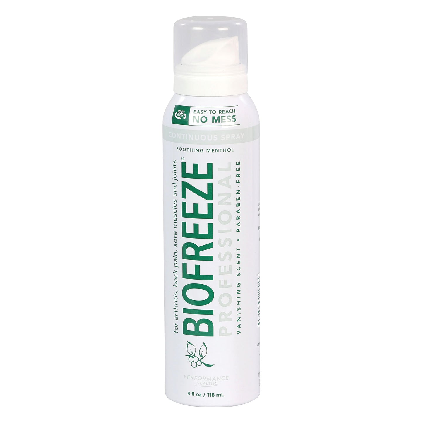 BIOFREEZE Professional Pain Relief Spray, 4 fl oz, with "Easy-to-Reach No Mess" and "Soothing Menthol" labels, in a white can.