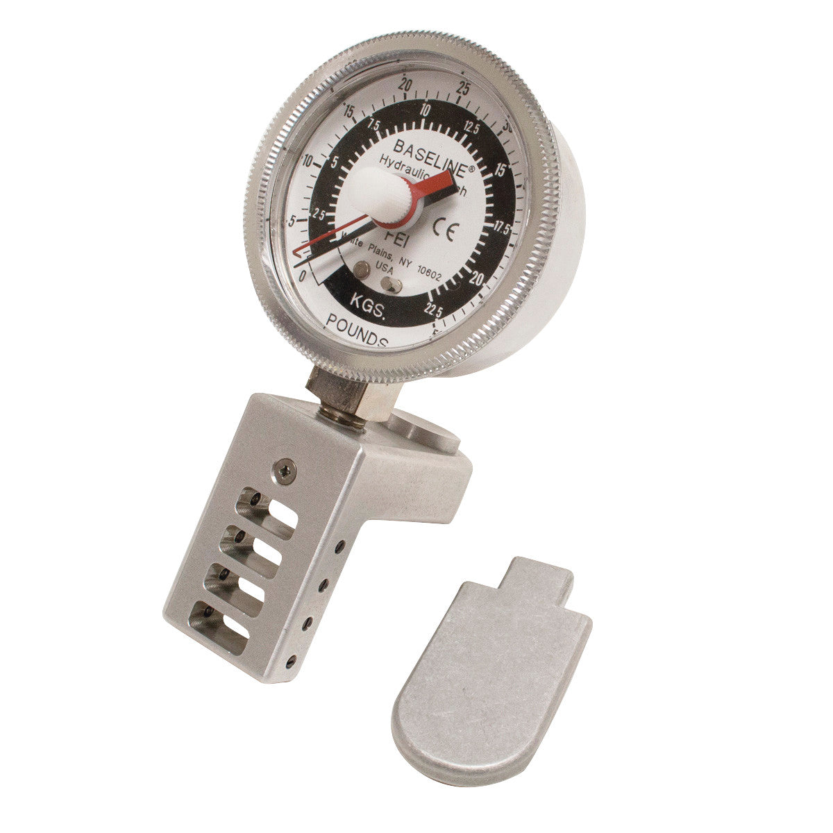 Baseline Hydraulic 5-Level Pinch Gauge Clinical Model, displaying readings in pounds and kilograms, with a detachable metal part.