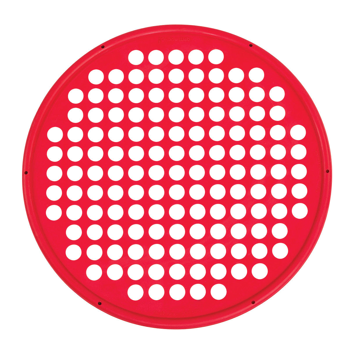 A round, red CanDo Hand Exercise Web with evenly spaced small circular holes for finger exercises.