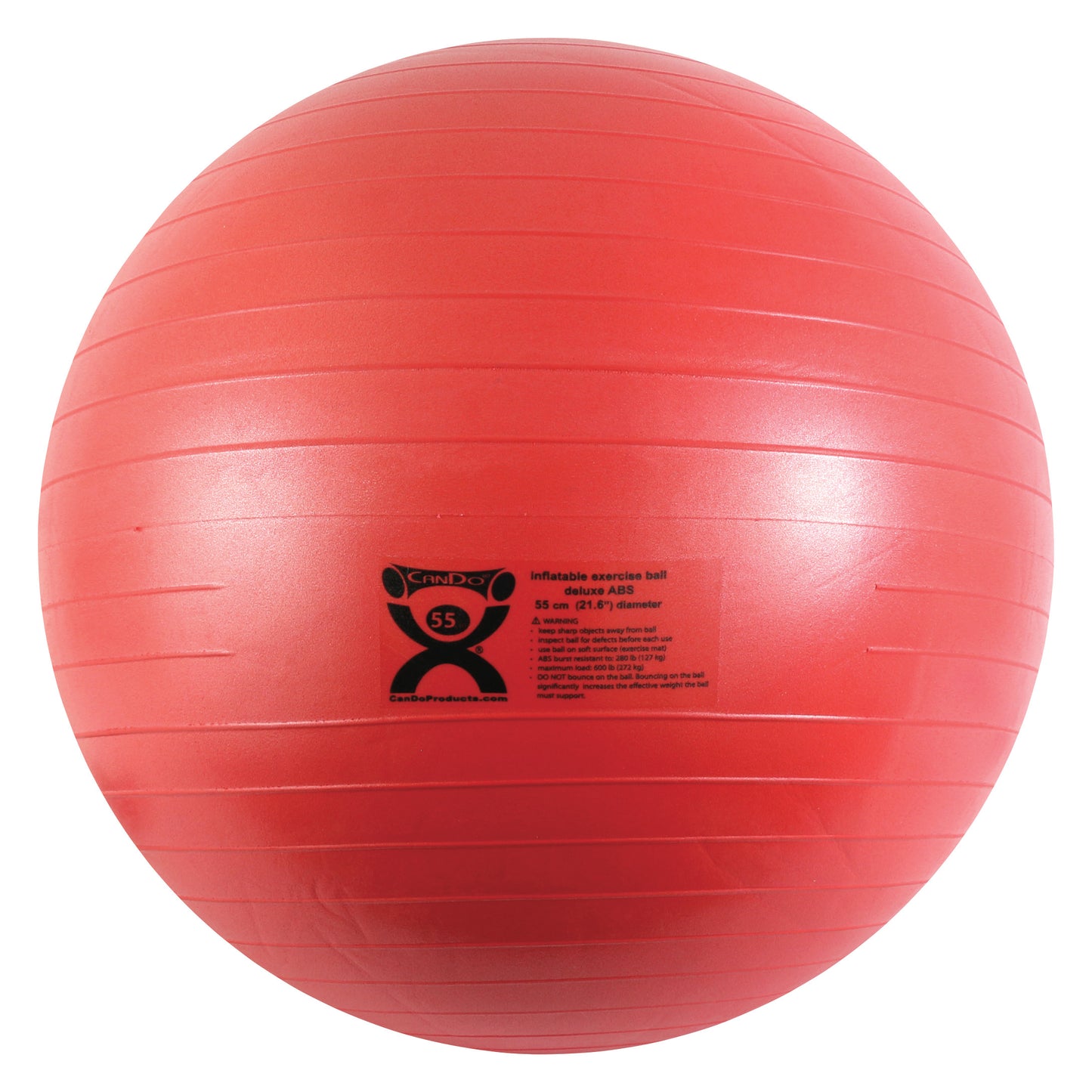 A red CanDo Inflatable Exercise Ball with horizontal grooves and a label detailing product information.