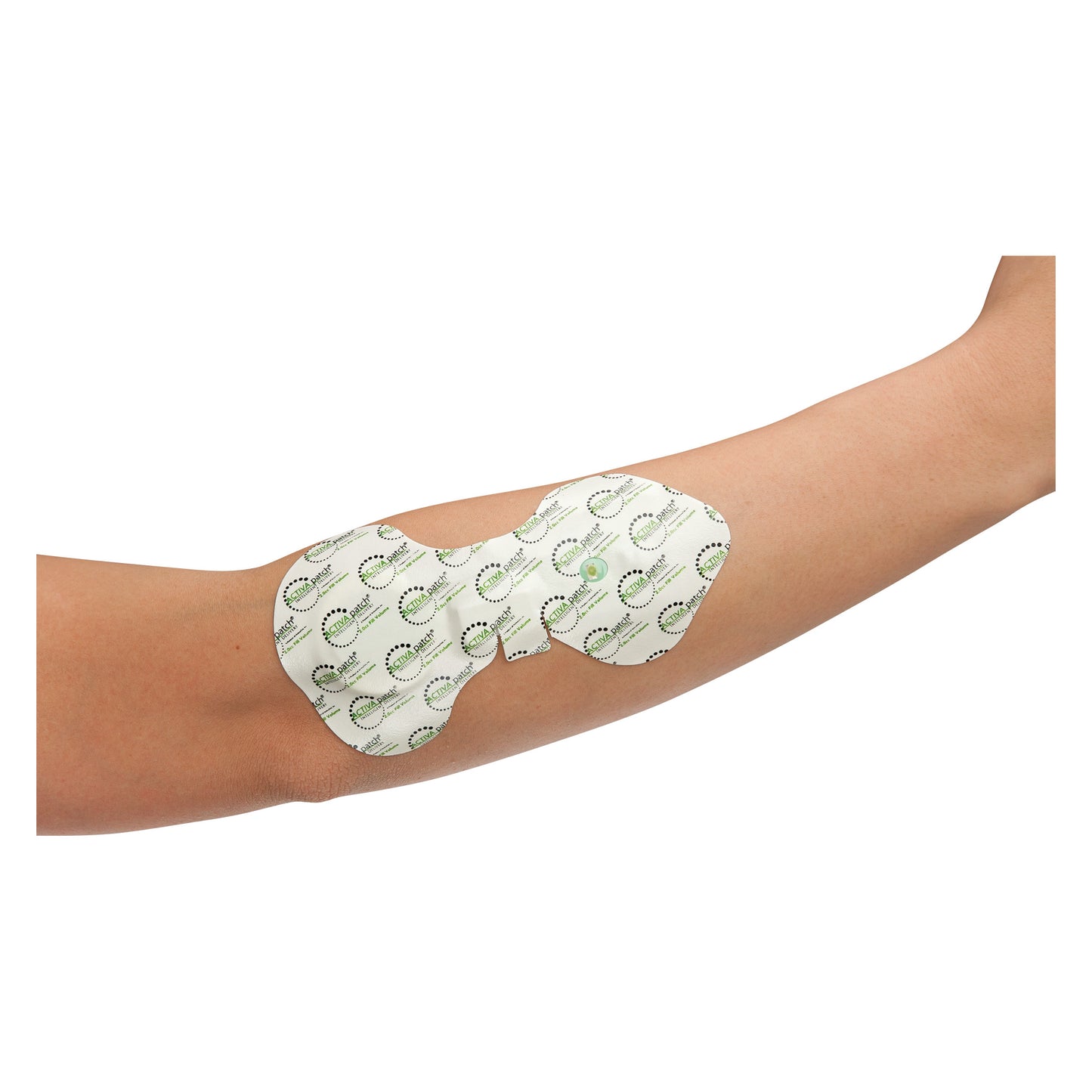 The ActivaPatch Intellidose Iontophoresis Patch is applied on an arm. It is white with printed logos and has a central button.