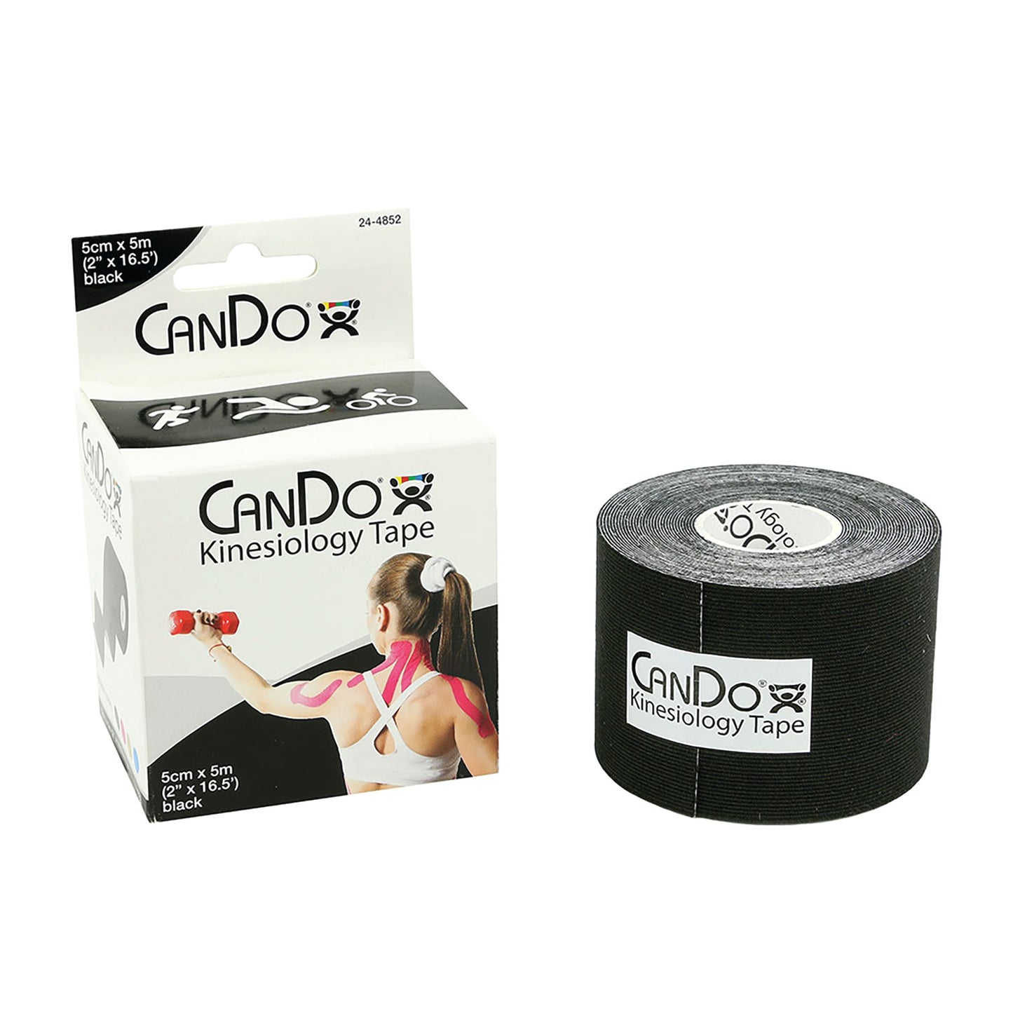 A box and roll of CanDo Kinesiology Tape in black, featuring an image of a person using the tape on their shoulder.