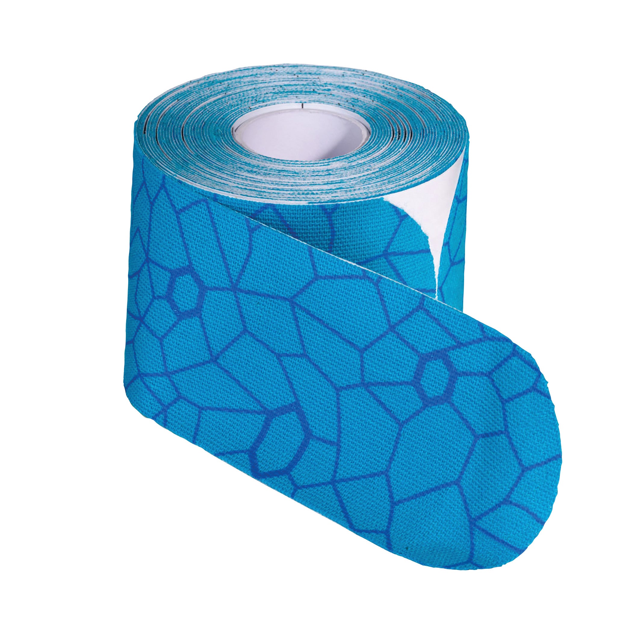 Roll of Thera-Band Kinesiology Tape showing its blue color with a geometric pattern, partially unrolled.