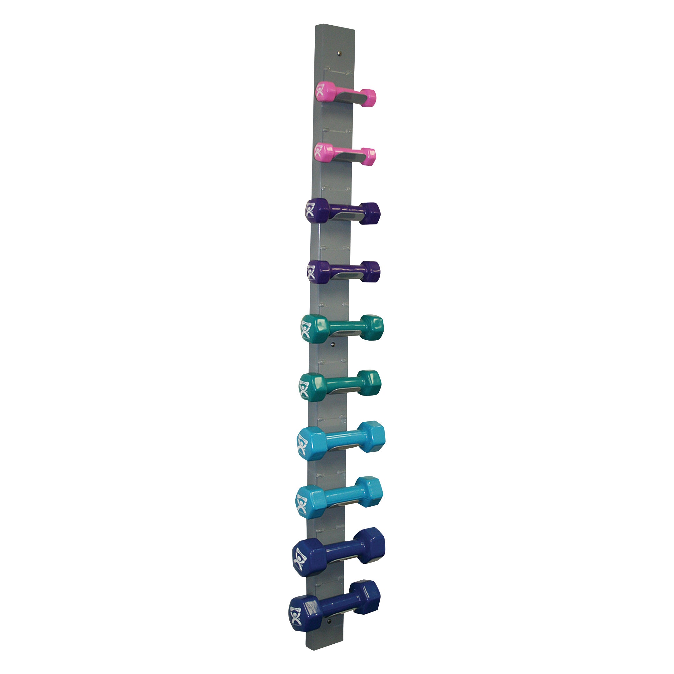 A set of CanDo Vinyl-Coated Dumbbells in various colors is displayed on a vertical wall rack.