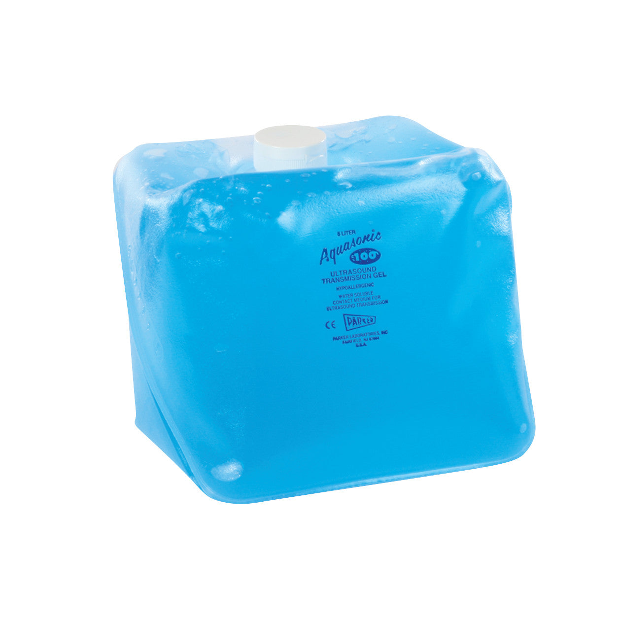 A blue container of Parker Labs Aquasonic 100 Transmission Gel with a white cap and product details printed on the surface.