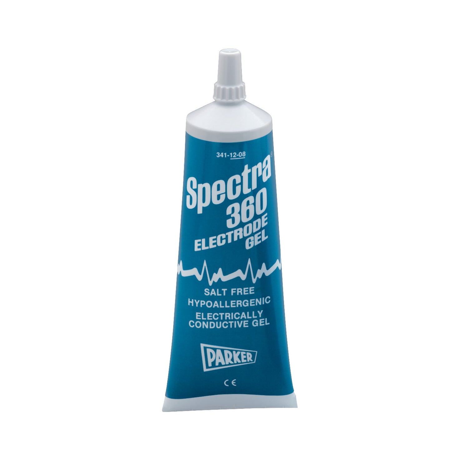 Blue tube of Parker Labs Spectra 360 Electrode Gel, labeled hypoallergenic and salt-free, with white cap, for conductivity.