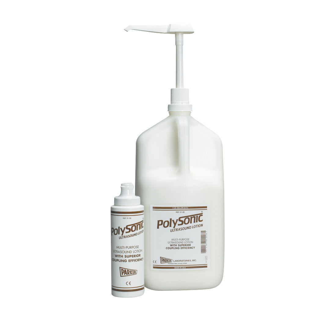 Two bottles of Parker Labs Polysonic Ultrasonic Lotion POLYPAC Kit, one large with a pump and one smaller without.