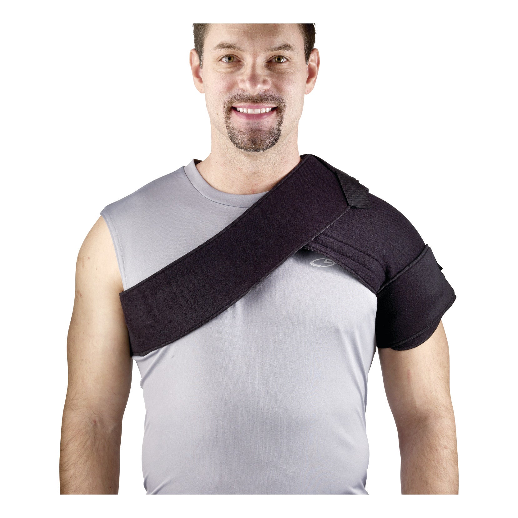 A man wearing a Cryotherm Cold and Hot Compression Wrap on his shoulder over a gray sleeveless shirt, smiling at the camera.