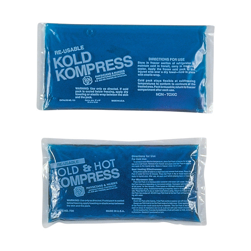 Two reusable cold packs are shown: the top one is labeled "Kold Kompress" and the bottom one "Cold & Hot Kompress."