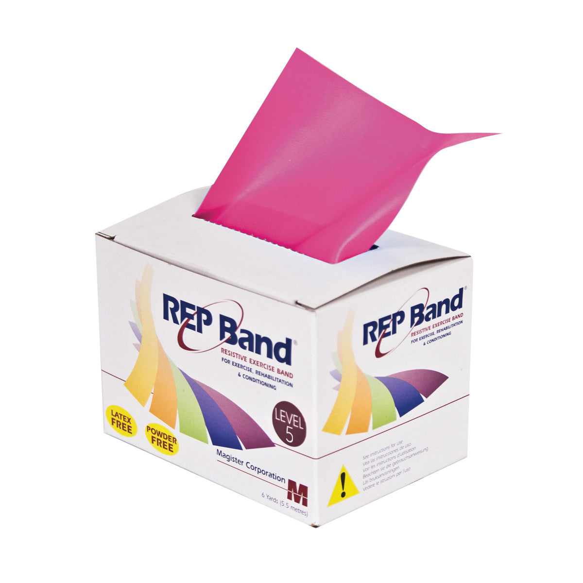 Box of REP Band Non-Latex Resistive Exercise Band, Level 5, with a pink band partially out. It is marked latex and powder free.